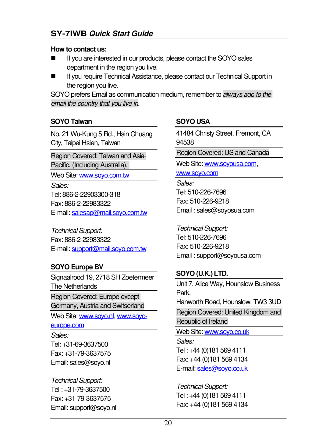 SOYO SY-7IWB quick start How to contact us, Soyo Taiwan, Soyo Europe BV 