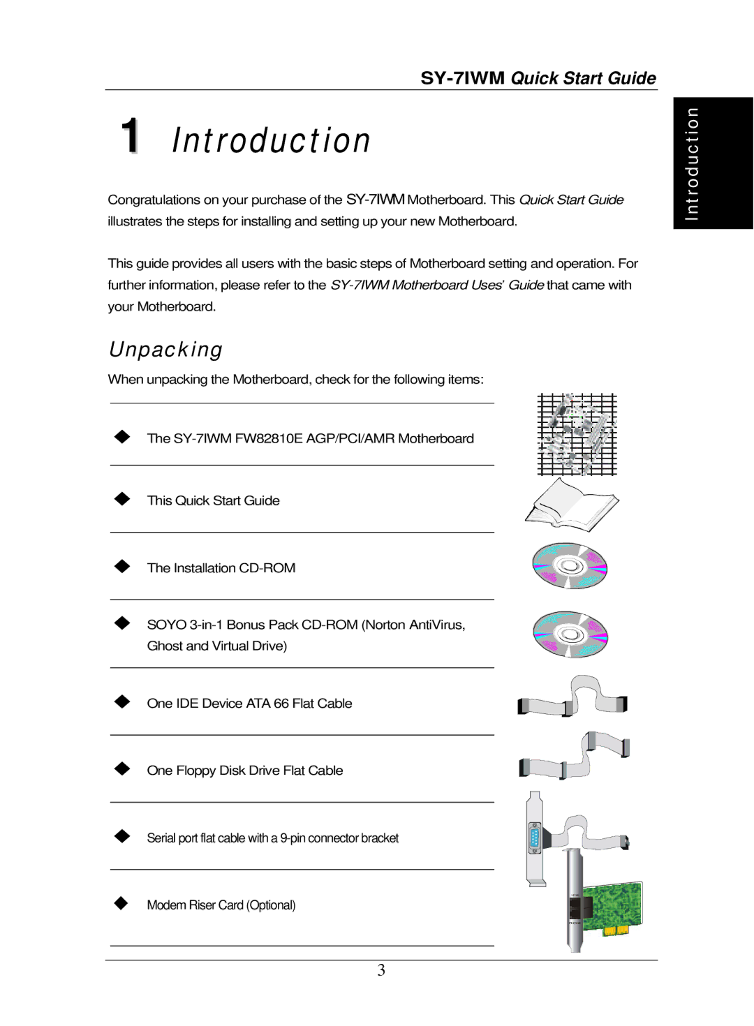 SOYO SY-7IWM quick start Introduction, Unpacking 