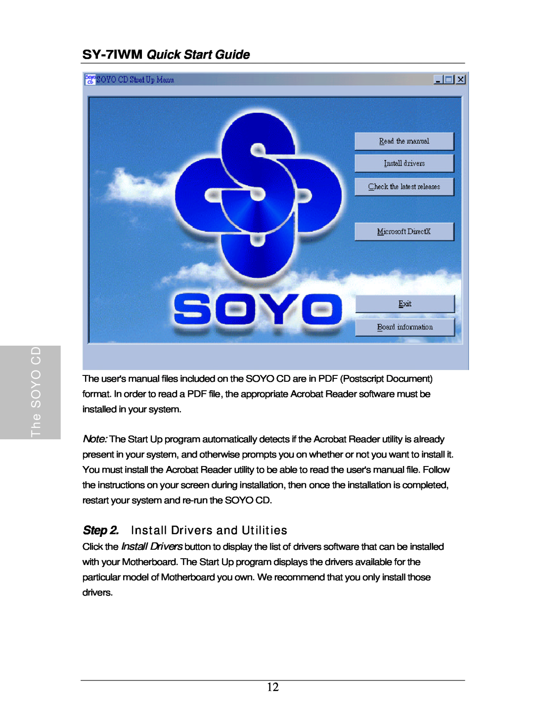 SOYO quick start Install Drivers and Utilities, The SOYO CD, SY-7IWM Quick Start Guide 