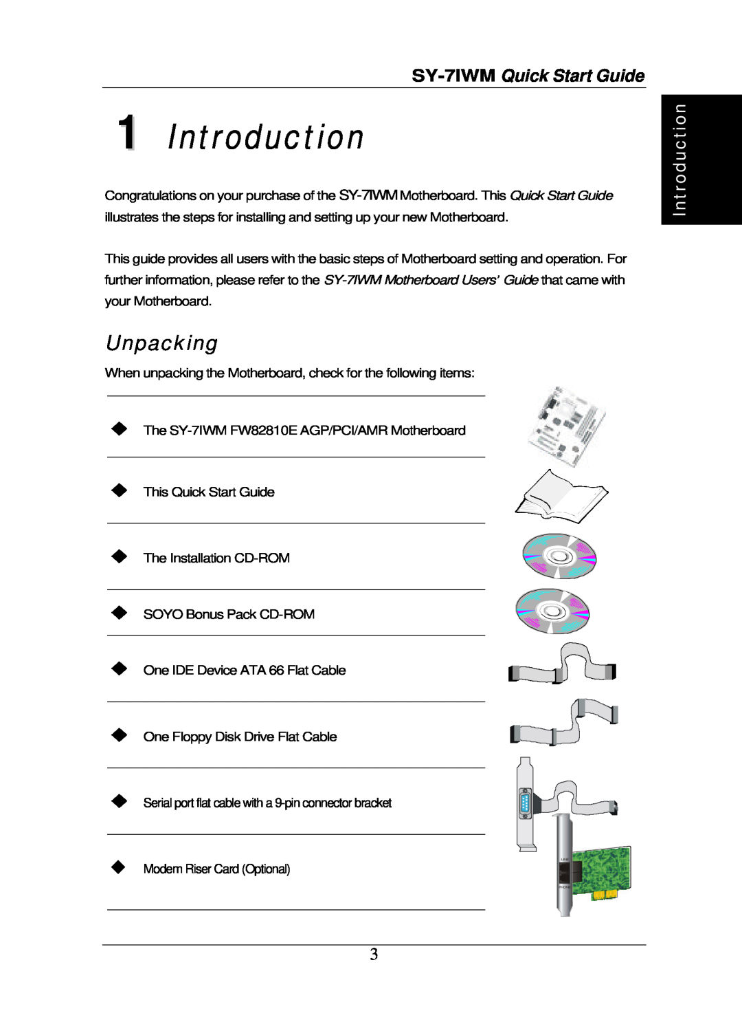 SOYO quick start Introduction, Unpacking, SY-7IWM Quick Start Guide 