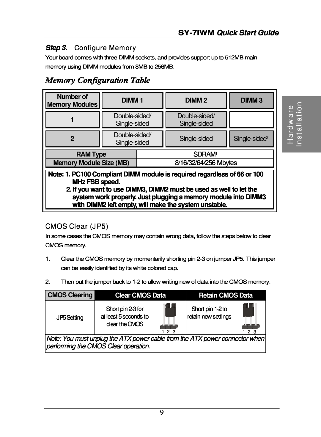 SOYO Memory Configuration Table, CMOS Clear JP5, SY-7IWM Quick Start Guide, Hardware, Installation, Number of, Dimm 