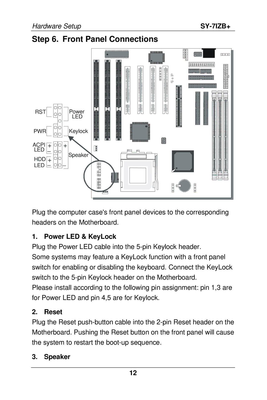 SOYO SY-7IZB+ manual Front Panel Connections, Power LED & KeyLock, Reset, Speaker 