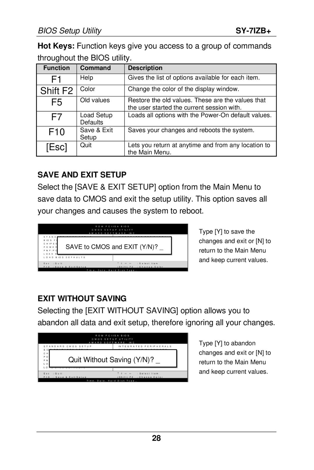 SOYO SY-7IZB+ manual Save and Exit Setup, Exit Without Saving 