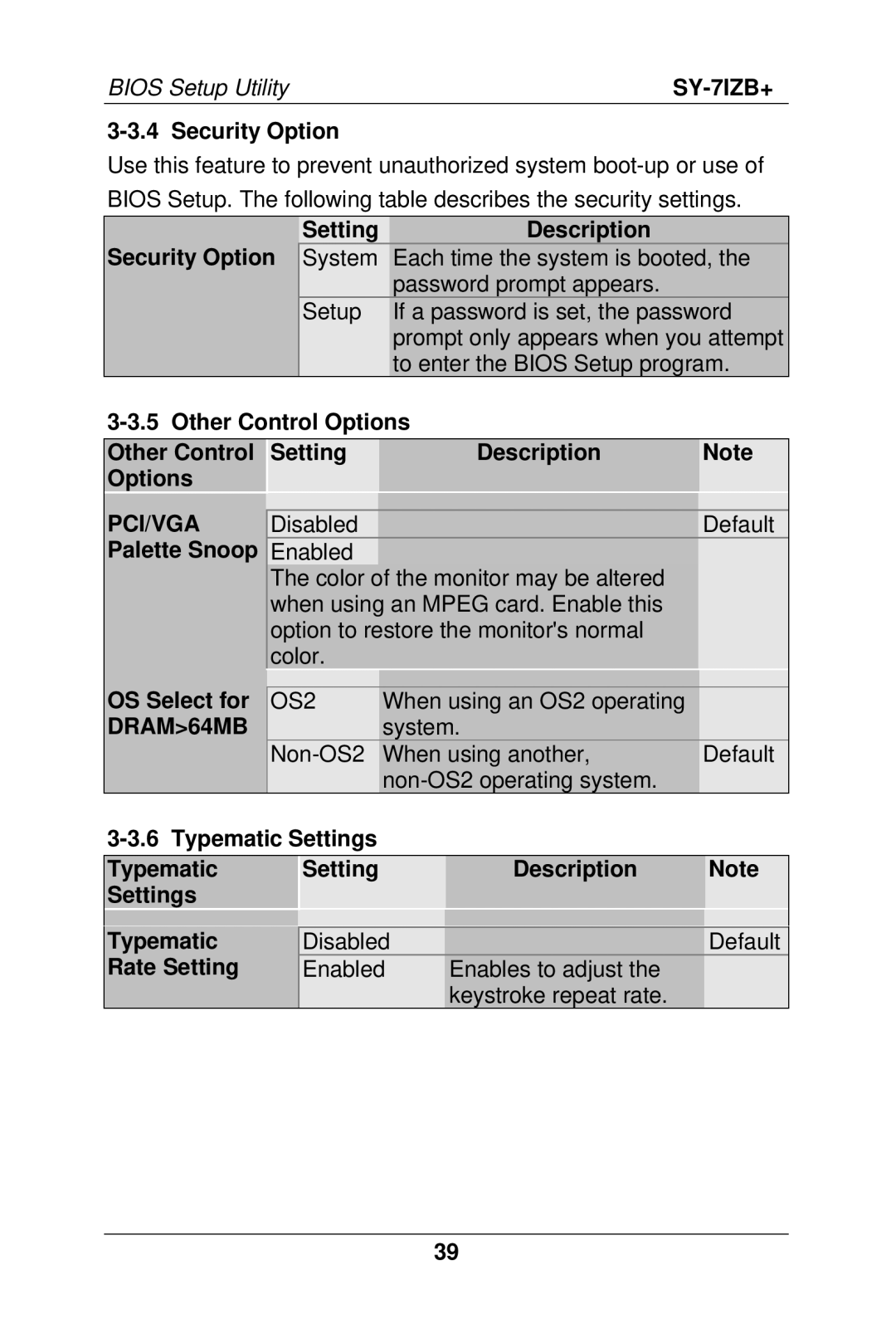 SOYO SY-7IZB+ manual Security Option SettingDescription, OS Select for DRAM64MB 