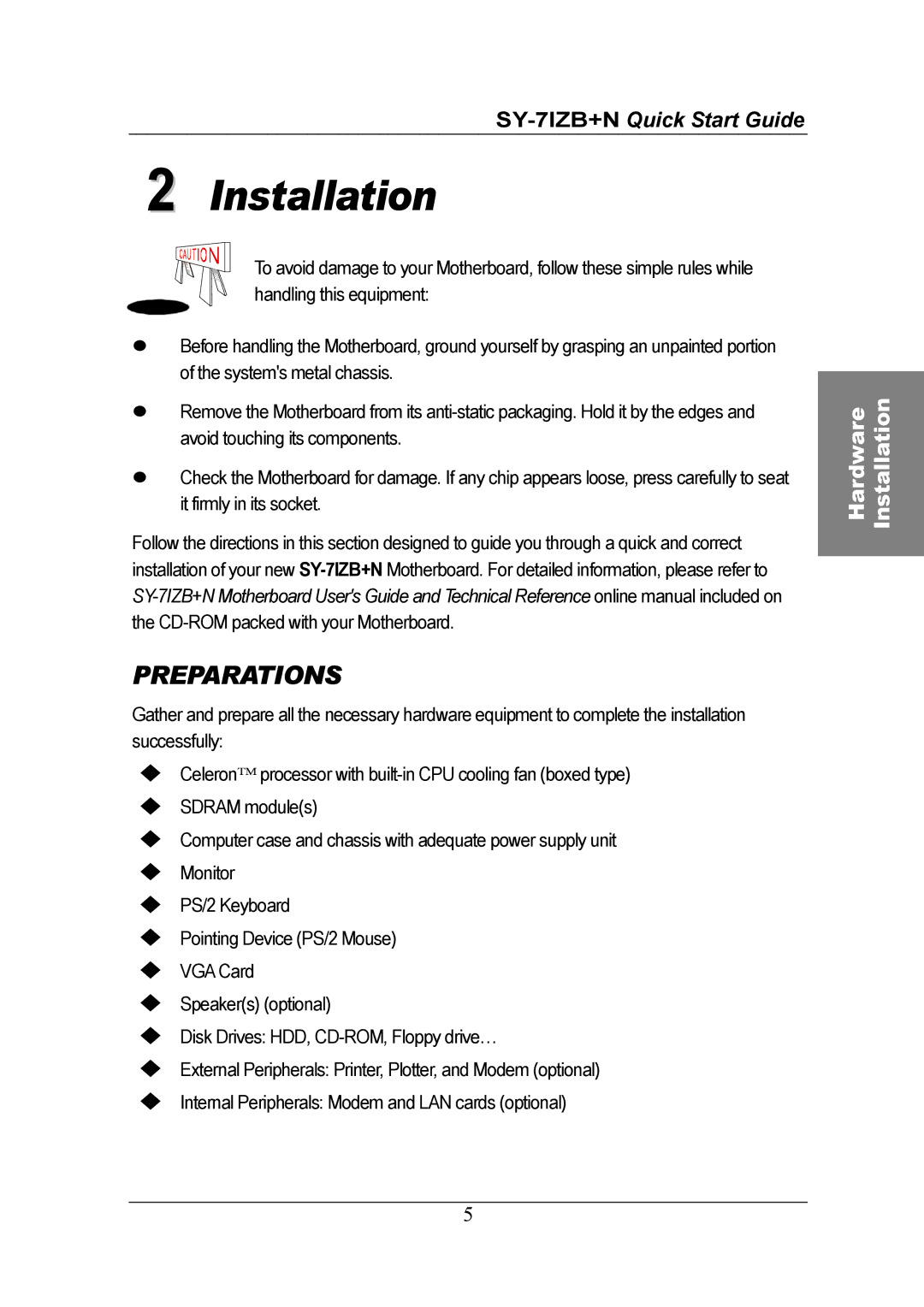 SOYO SY-7IZB+N quick start Installation, Preparations 