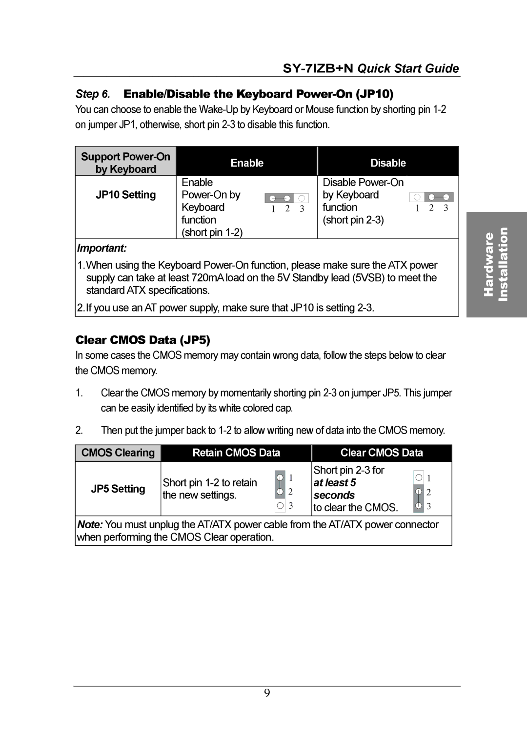 SOYO SY-7IZB+N quick start Enable/Disable the Keyboard Power-On JP10, Clear Cmos Data JP5 