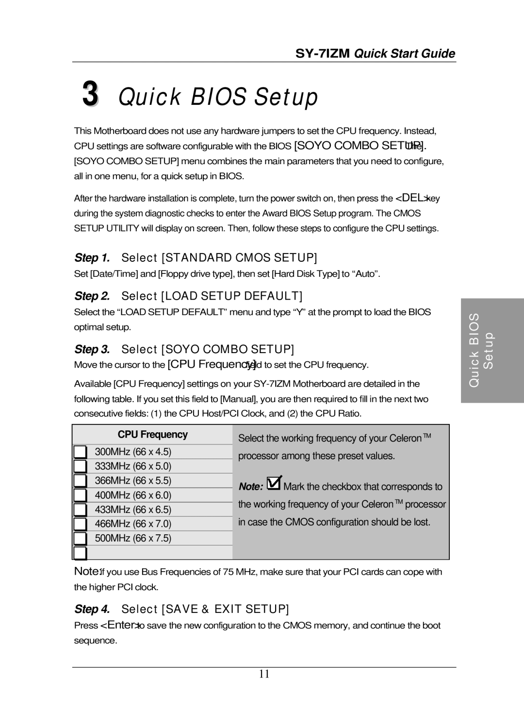 SOYO SY-7IZM quick start Quick Bios Setup, Select Standard Cmos Setup, Select Load Setup Default, Select Soyo Combo Setup 