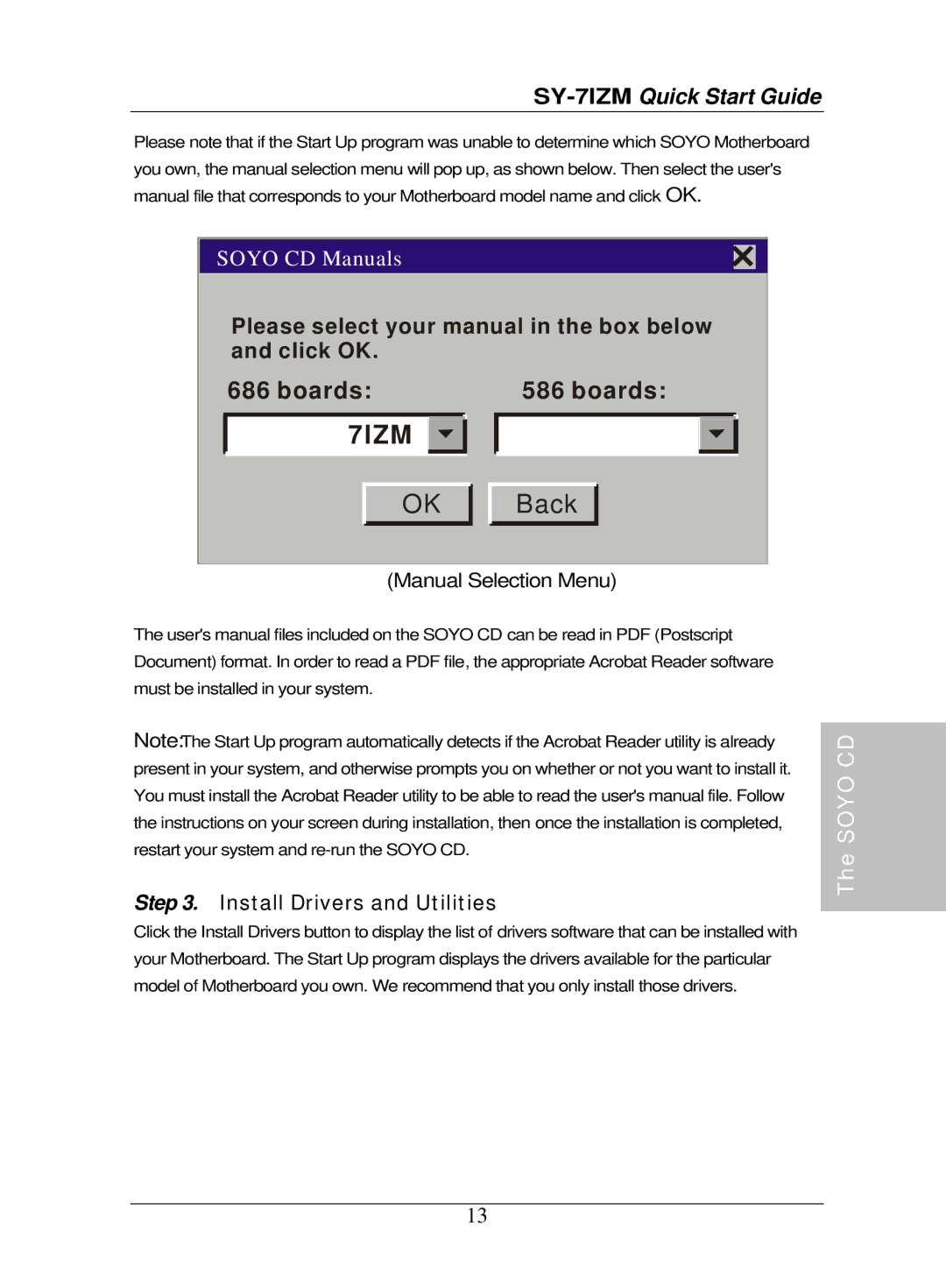 SOYO SY-7IZM quick start Install Drivers and Utilities, Manual Selection Menu 