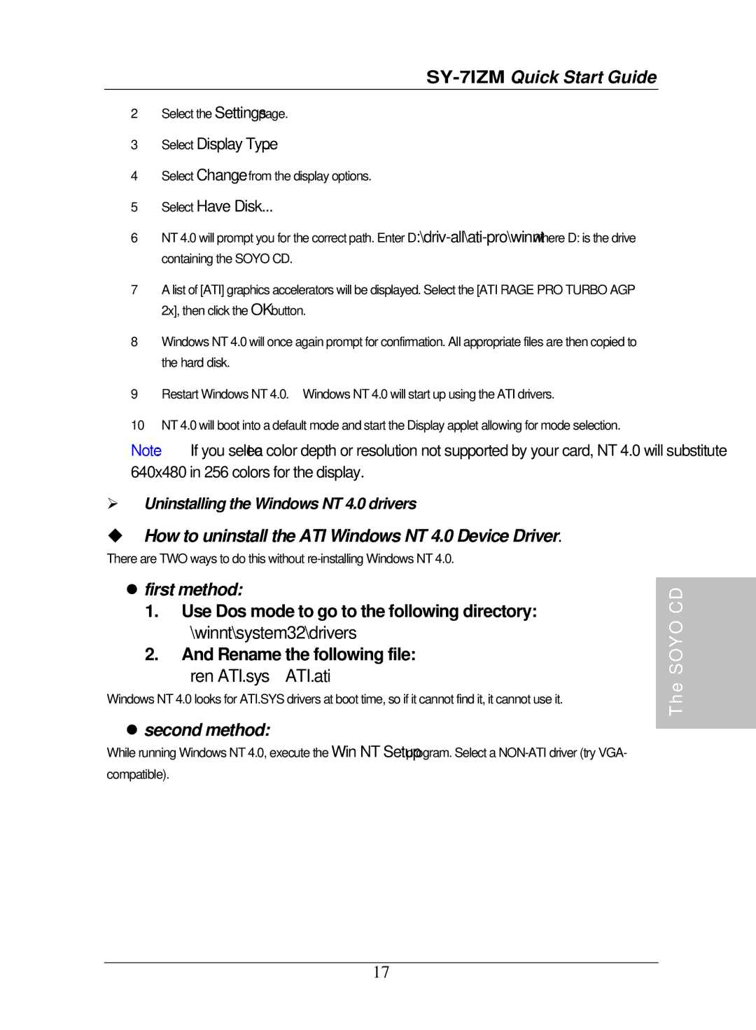 SOYO SY-7IZM quick start How to uninstall the ATI Windows NT 4.0 Device Driver 