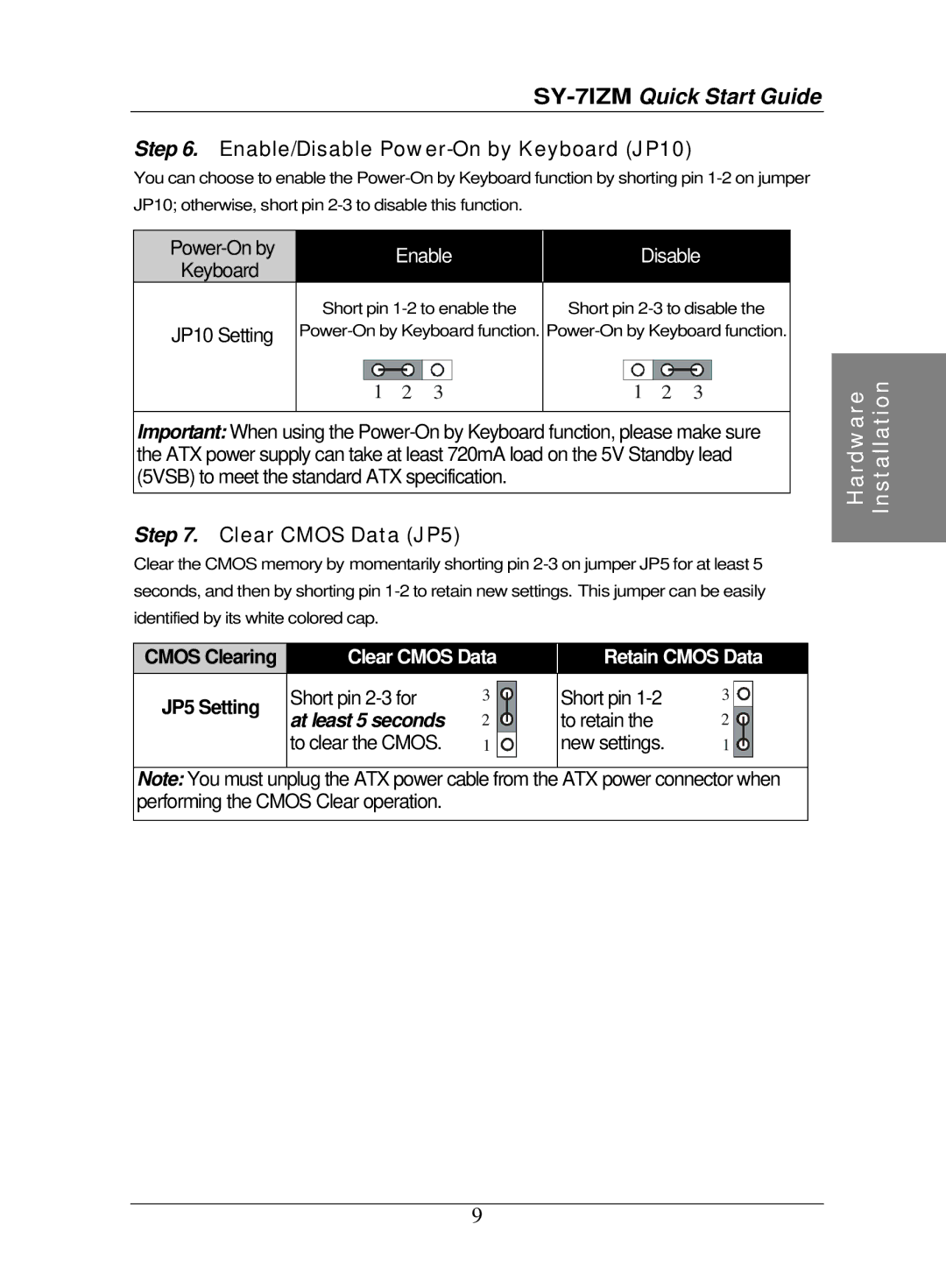 SOYO SY-7IZM quick start Enable/Disable Power-On by Keyboard JP10, Clear Cmos Data JP5 