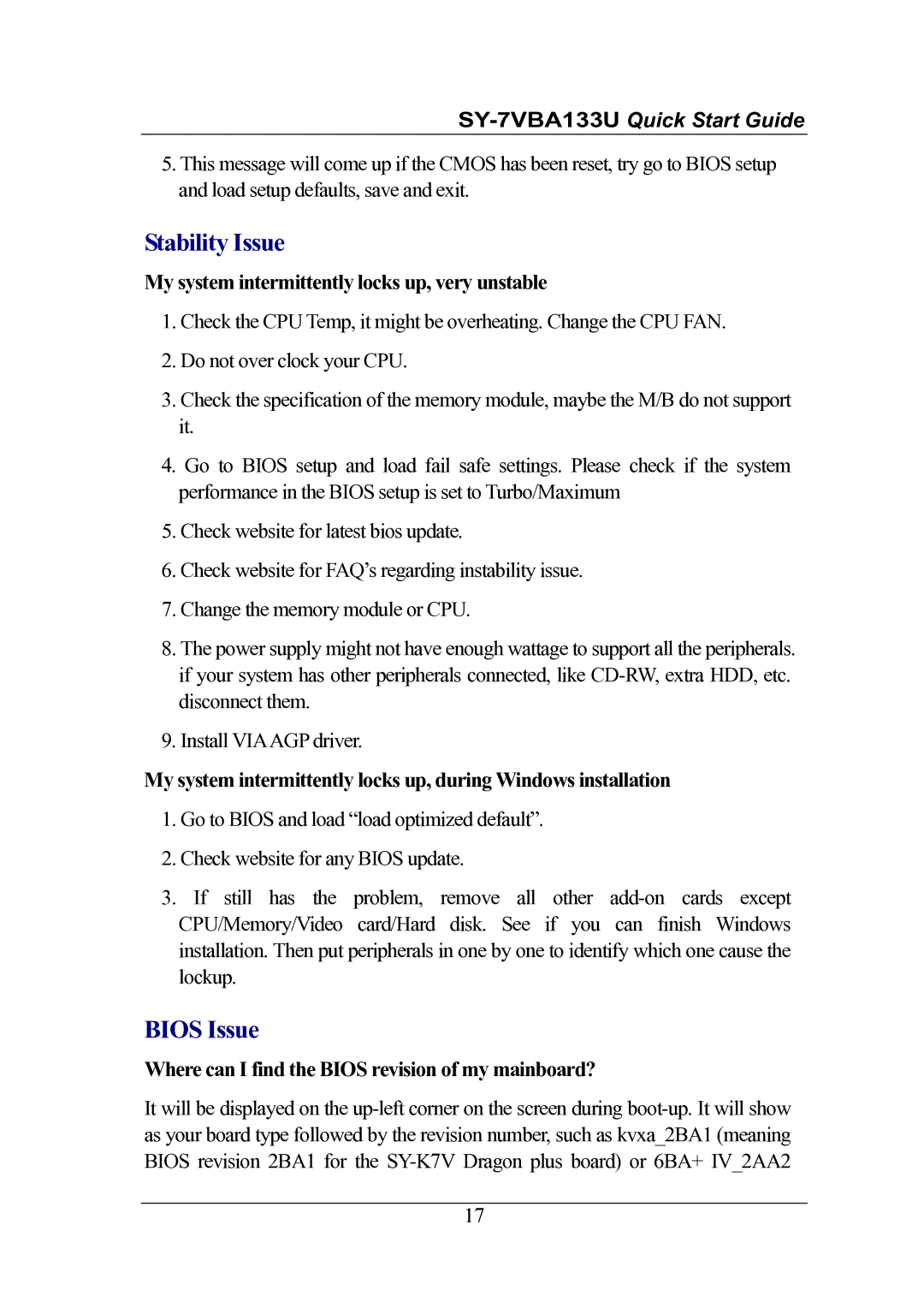 SOYO SY-7VBA133U quick start Stability Issue, Bios Issue, My system intermittently locks up, very unstable 