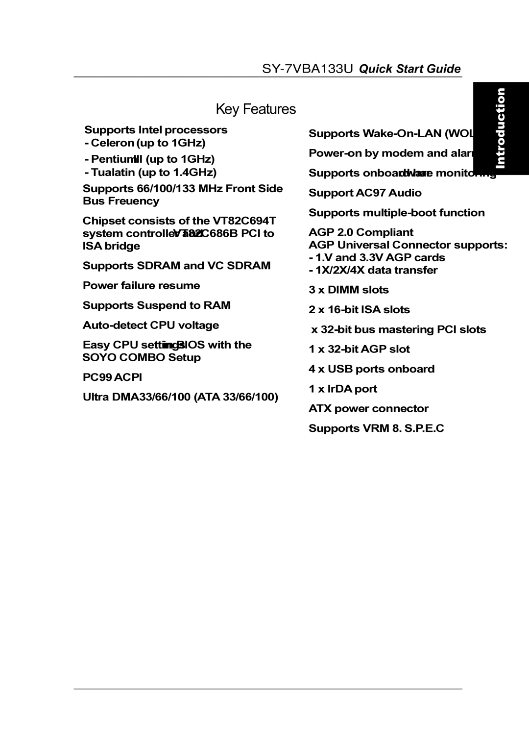 SOYO SY-7VBA133U quick start Key Features, PC99, Acpi 