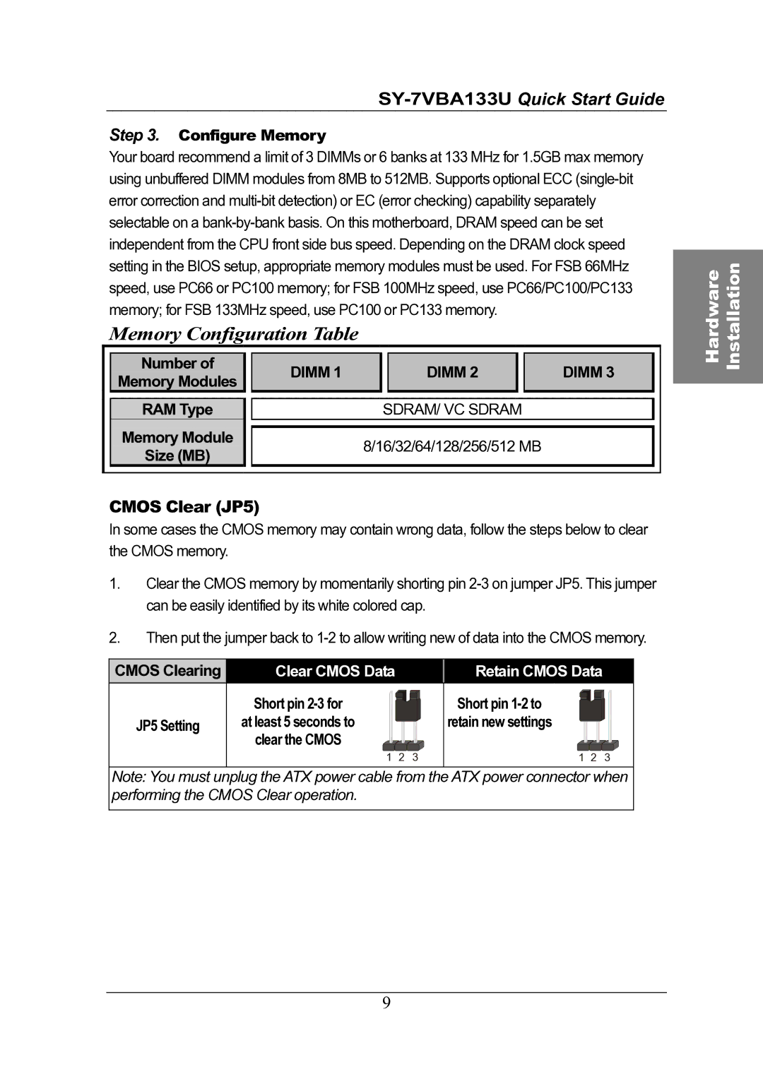 SOYO SY-7VBA133U quick start Cmos Clear JP5, Configure Memory, Number, RAM Type, Memory Module 16/32/64/128/256/512 MB 