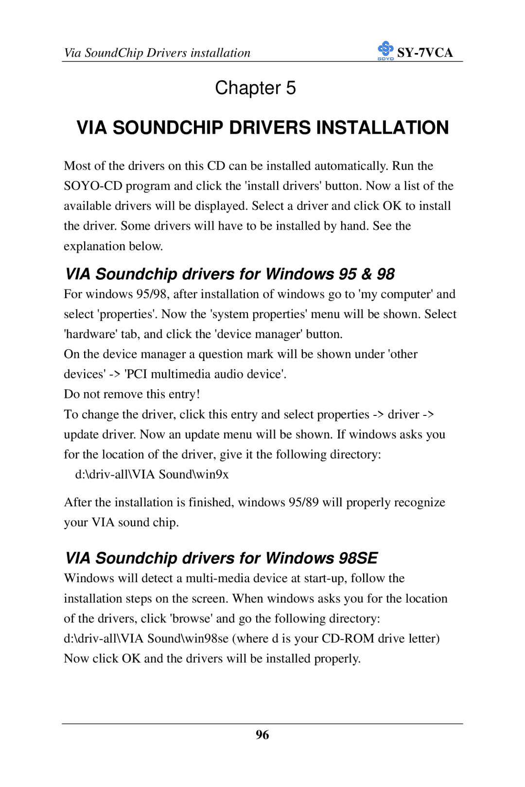 SOYO SY-7VCA user manual VIA Soundchip Drivers Installation 