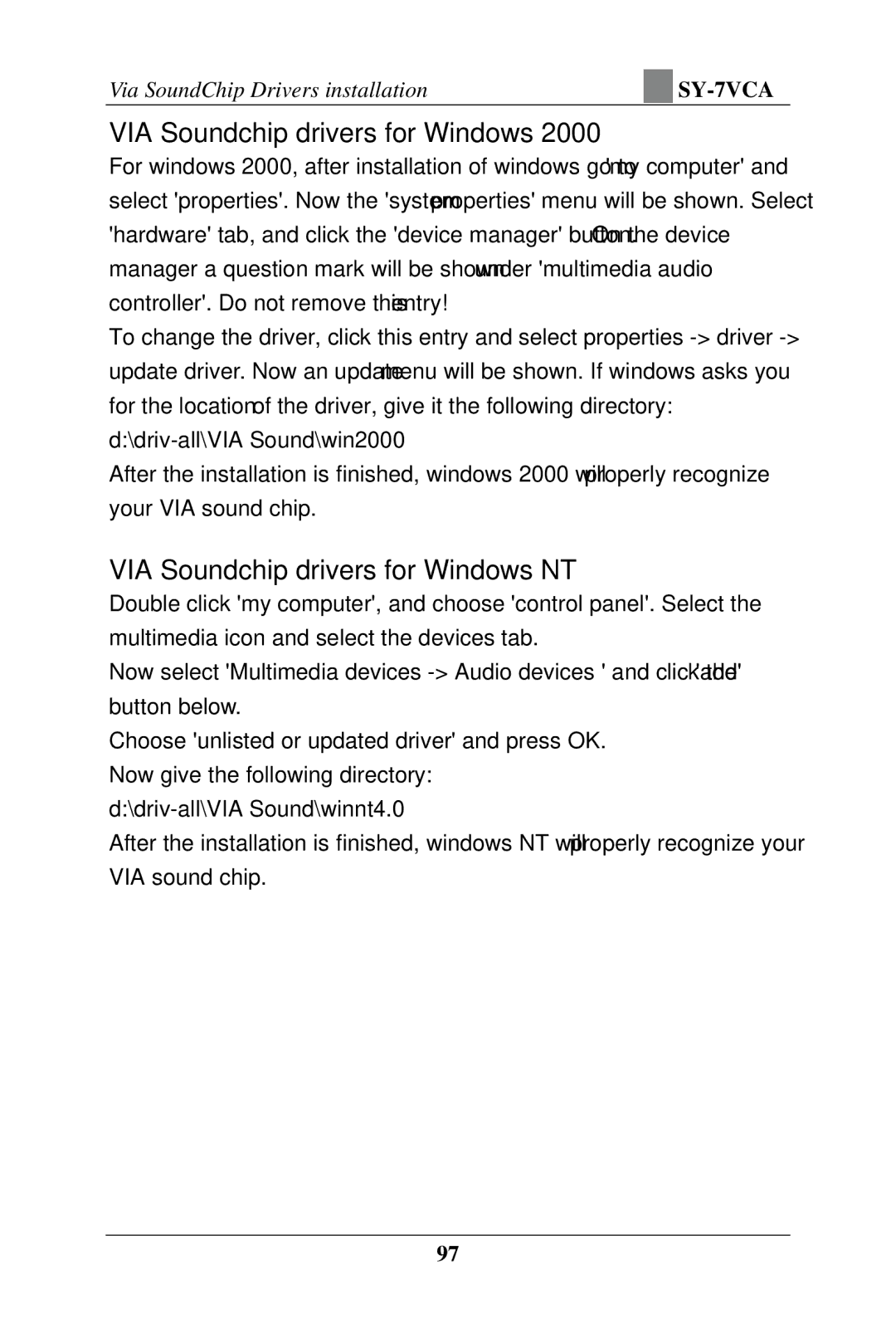 SOYO SY-7VCA user manual VIA Soundchip drivers for Windows 
