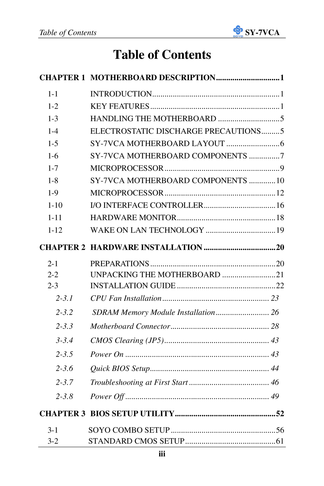 SOYO SY-7VCA user manual Table of Contents 