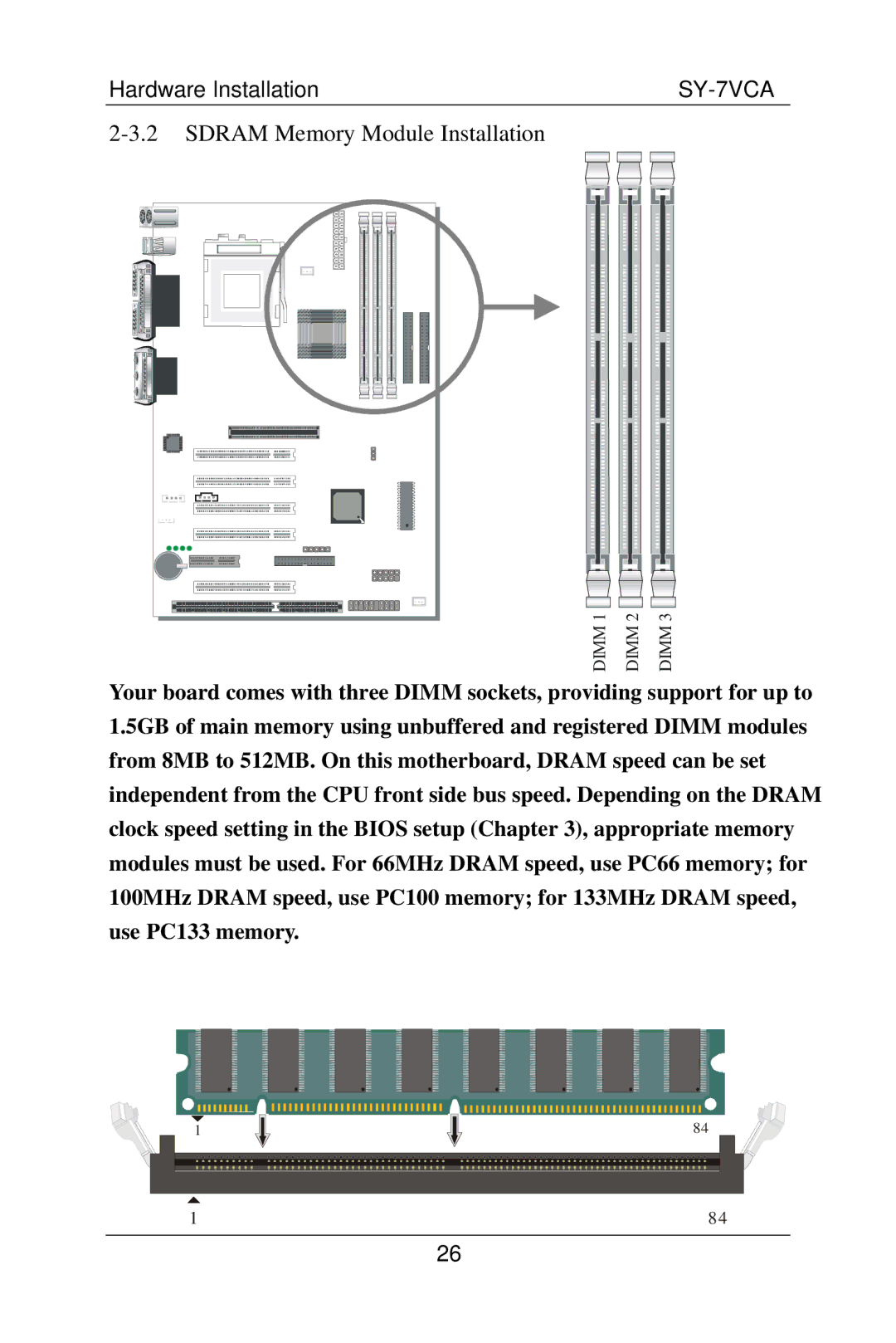 SOYO SY-7VCA user manual Sdram Memory Module Installation 