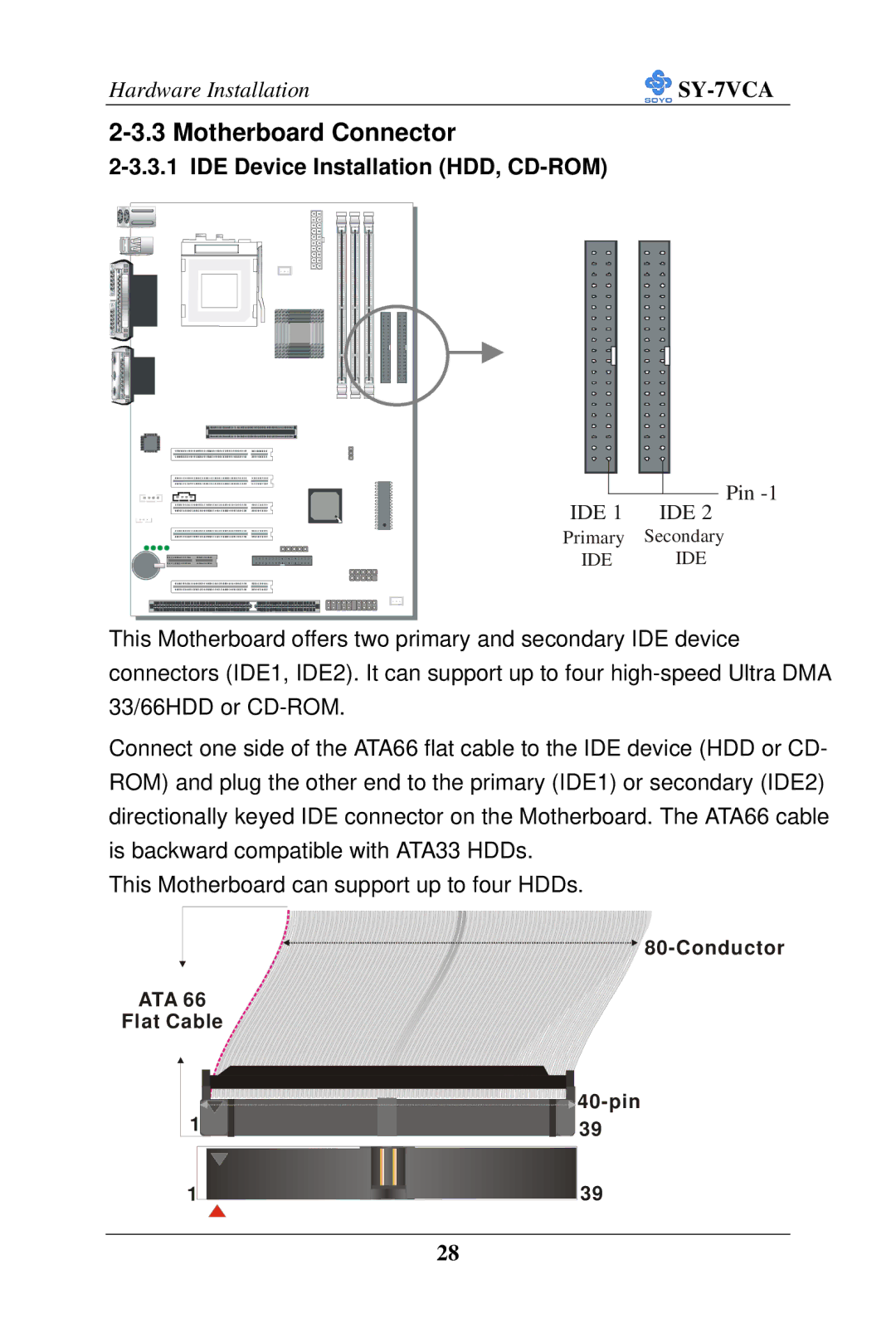 SOYO SY-7VCA user manual Motherboard Connector, IDE Device Installation HDD, CD-ROM 