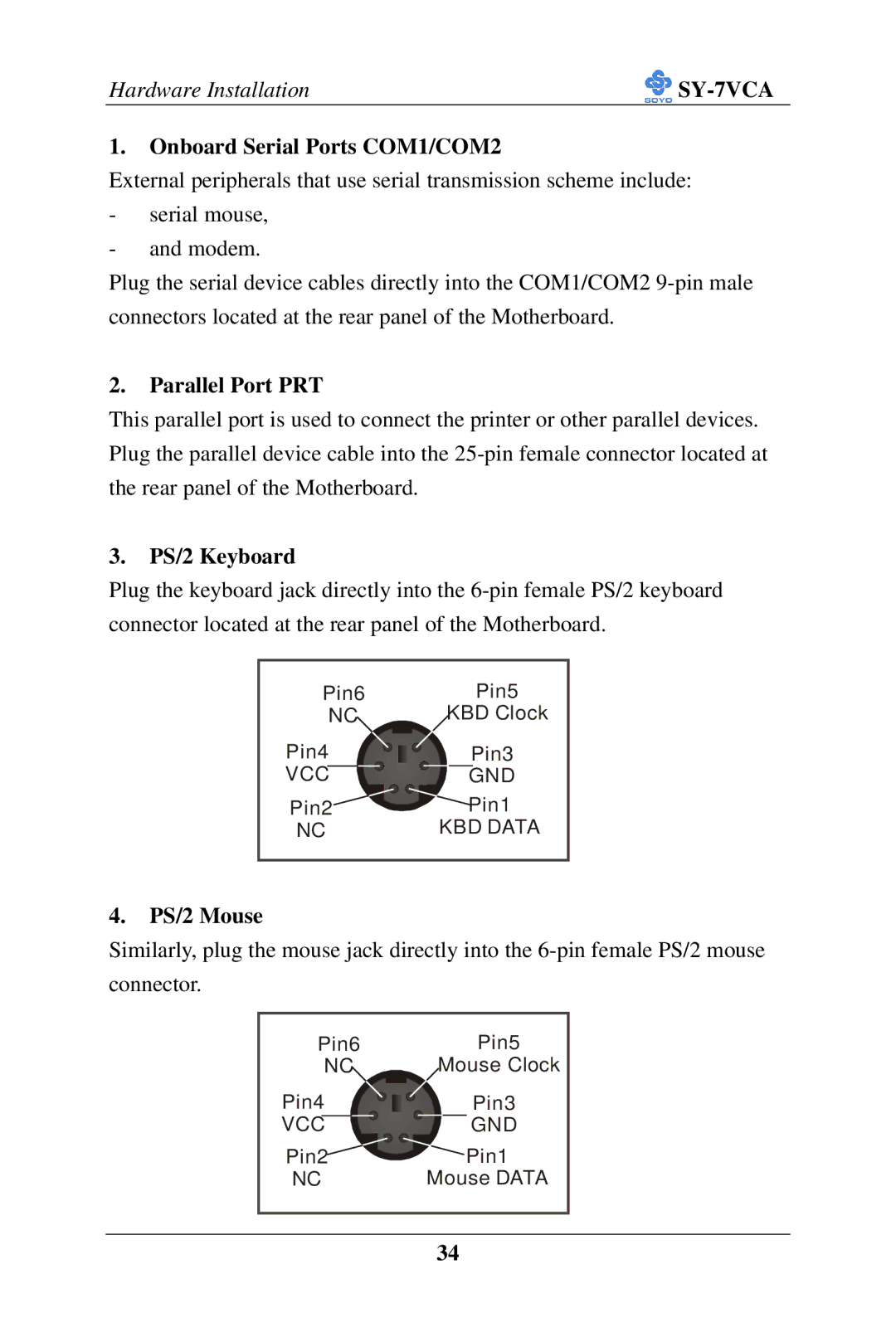 SOYO SY-7VCA user manual Onboard Serial Ports COM1/COM2, Parallel Port PRT, PS/2 Keyboard, PS/2 Mouse 