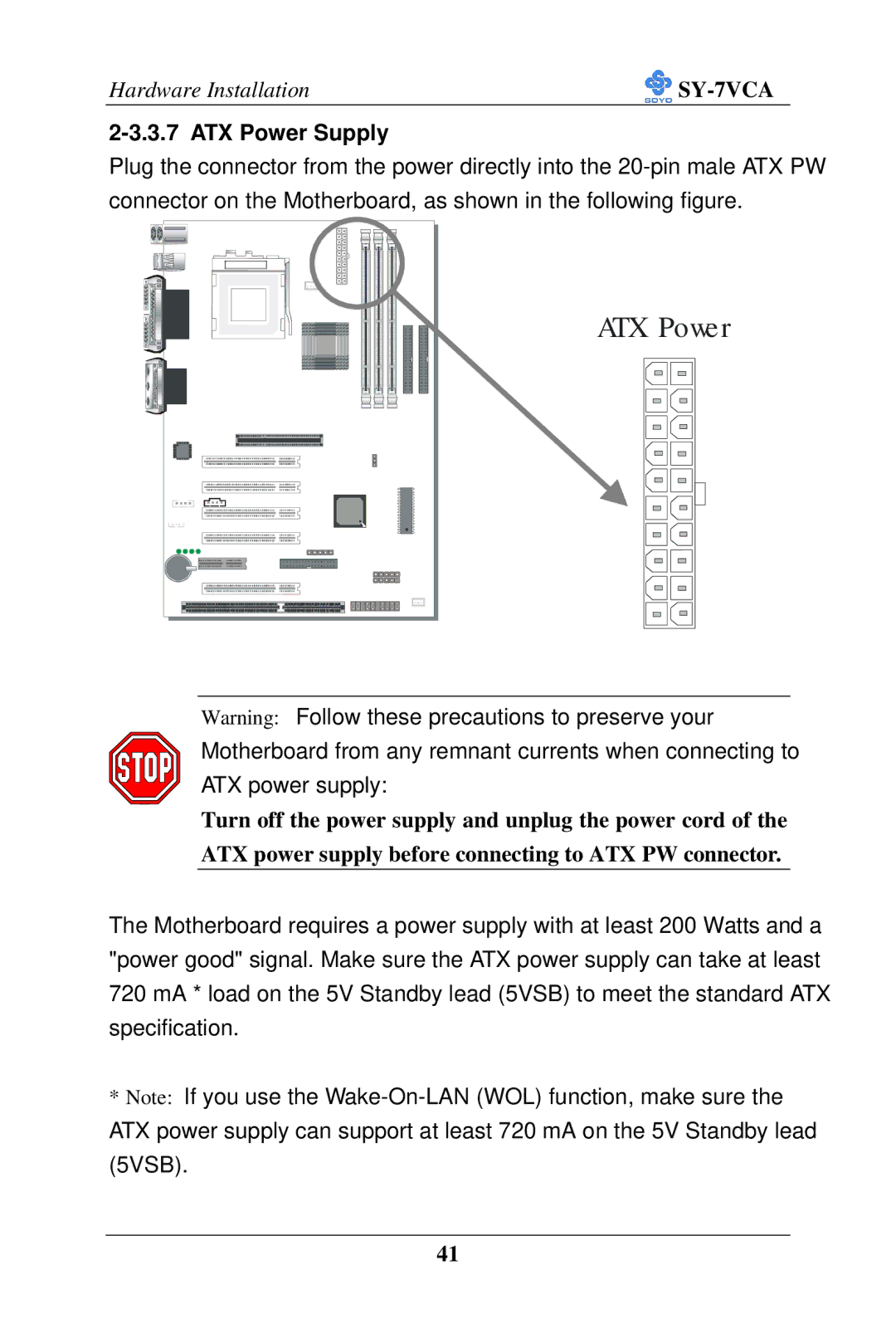 SOYO SY-7VCA user manual ATX Power 