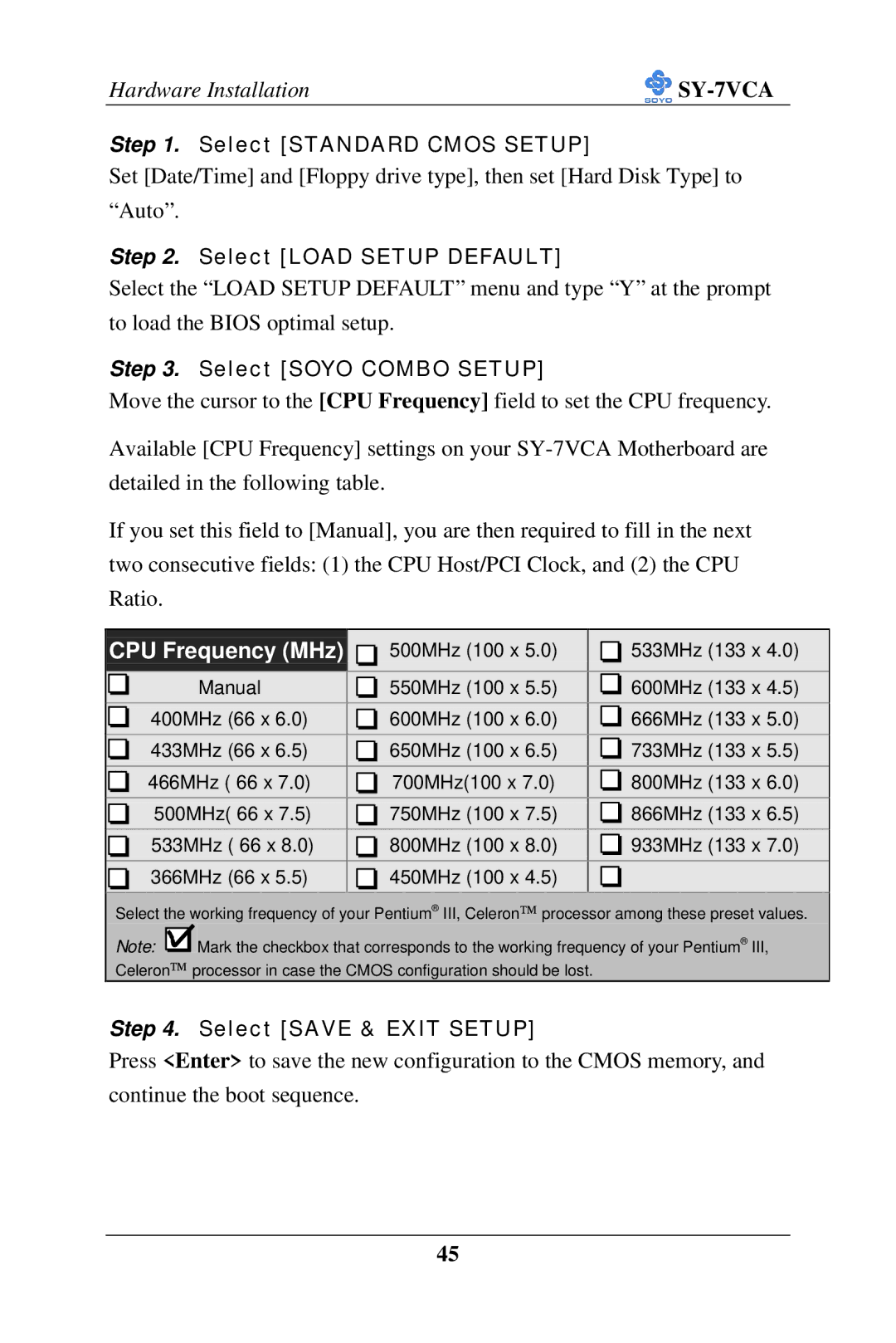 SOYO SY-7VCA user manual CPU Frequency MHz 