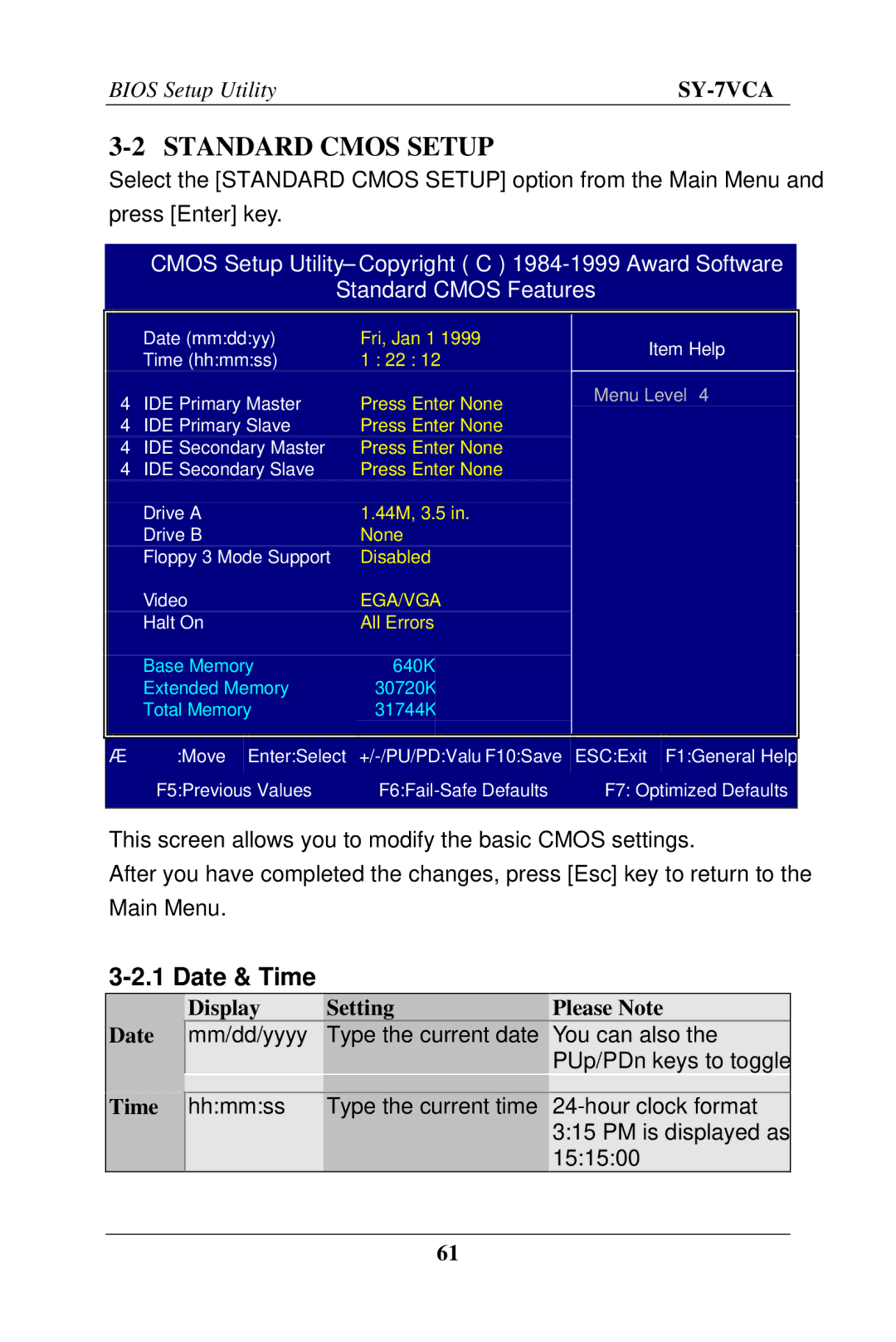 SOYO SY-7VCA user manual Standard Cmos Setup, Date & Time, Display Setting Please Note Date 