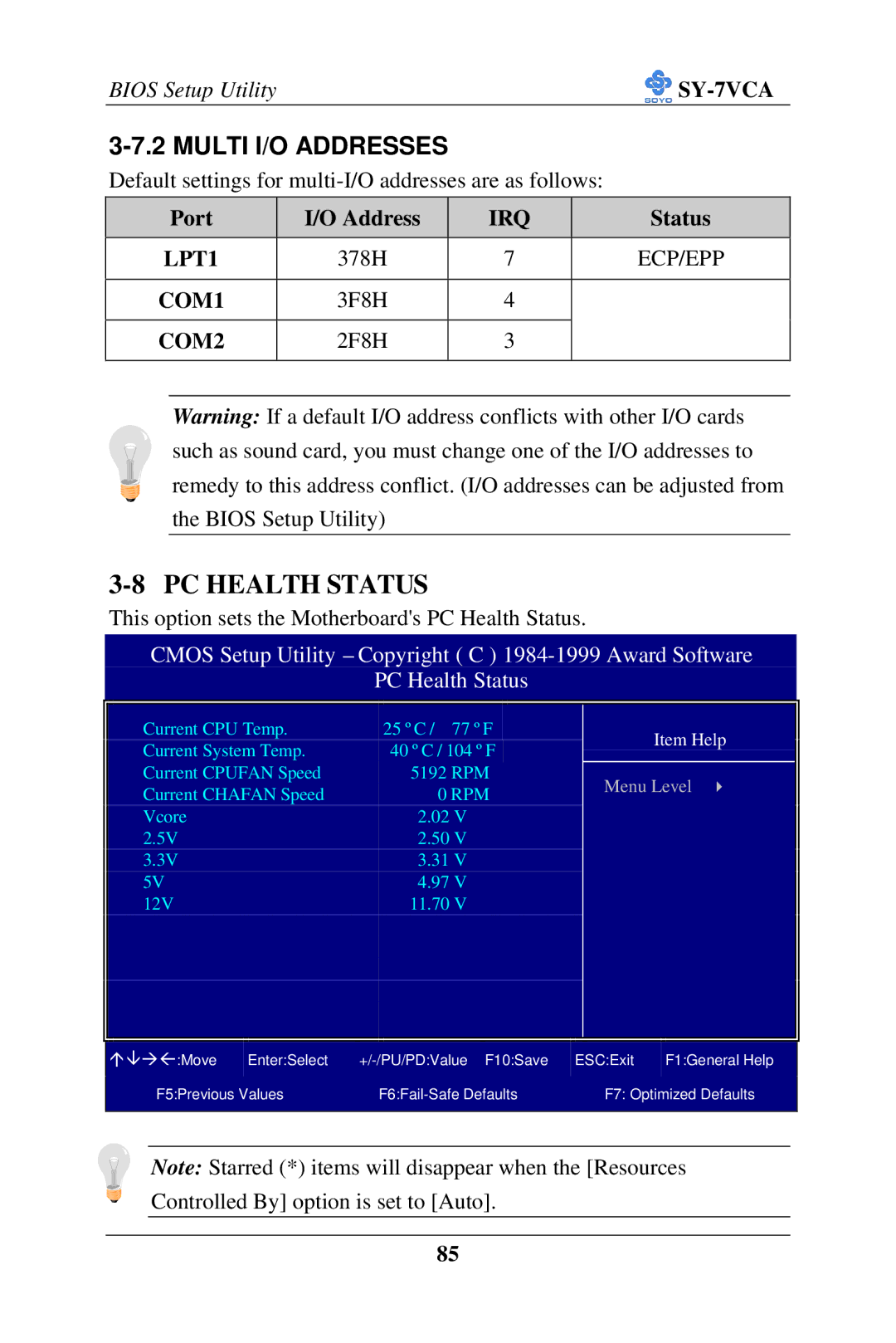 SOYO SY-7VCA user manual PC Health Status, LPT1, Ecp/Epp, COM1, COM2 