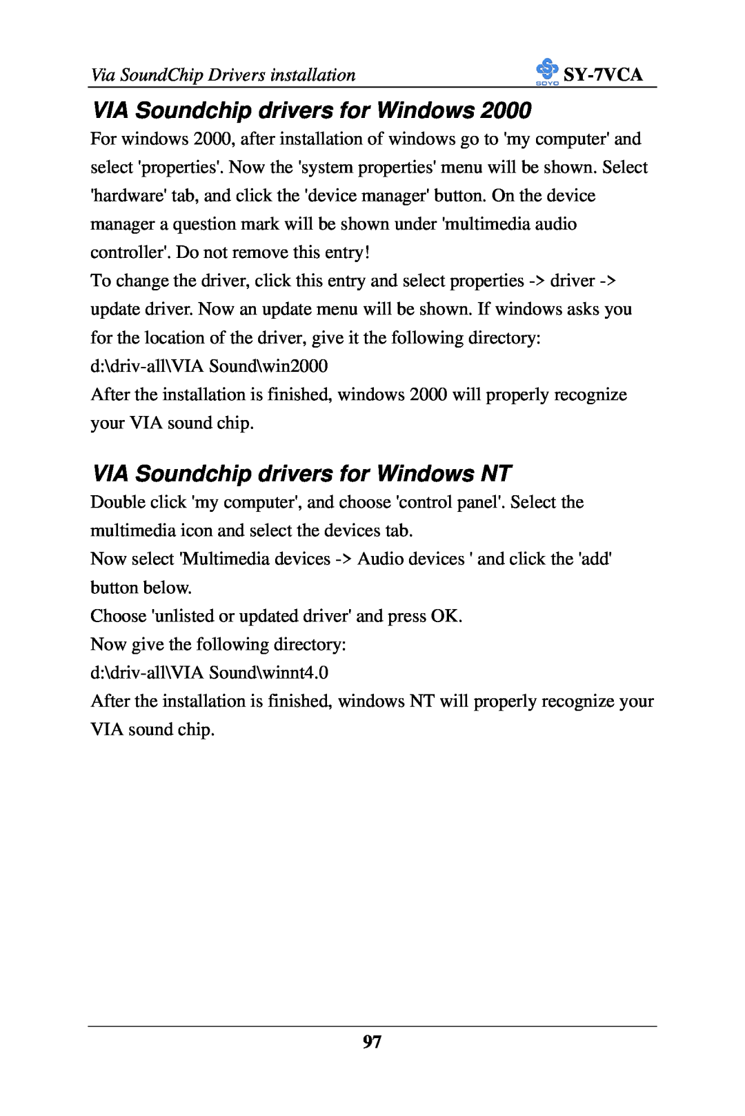 SOYO SY-7VCA user manual VIA Soundchip drivers for Windows NT 