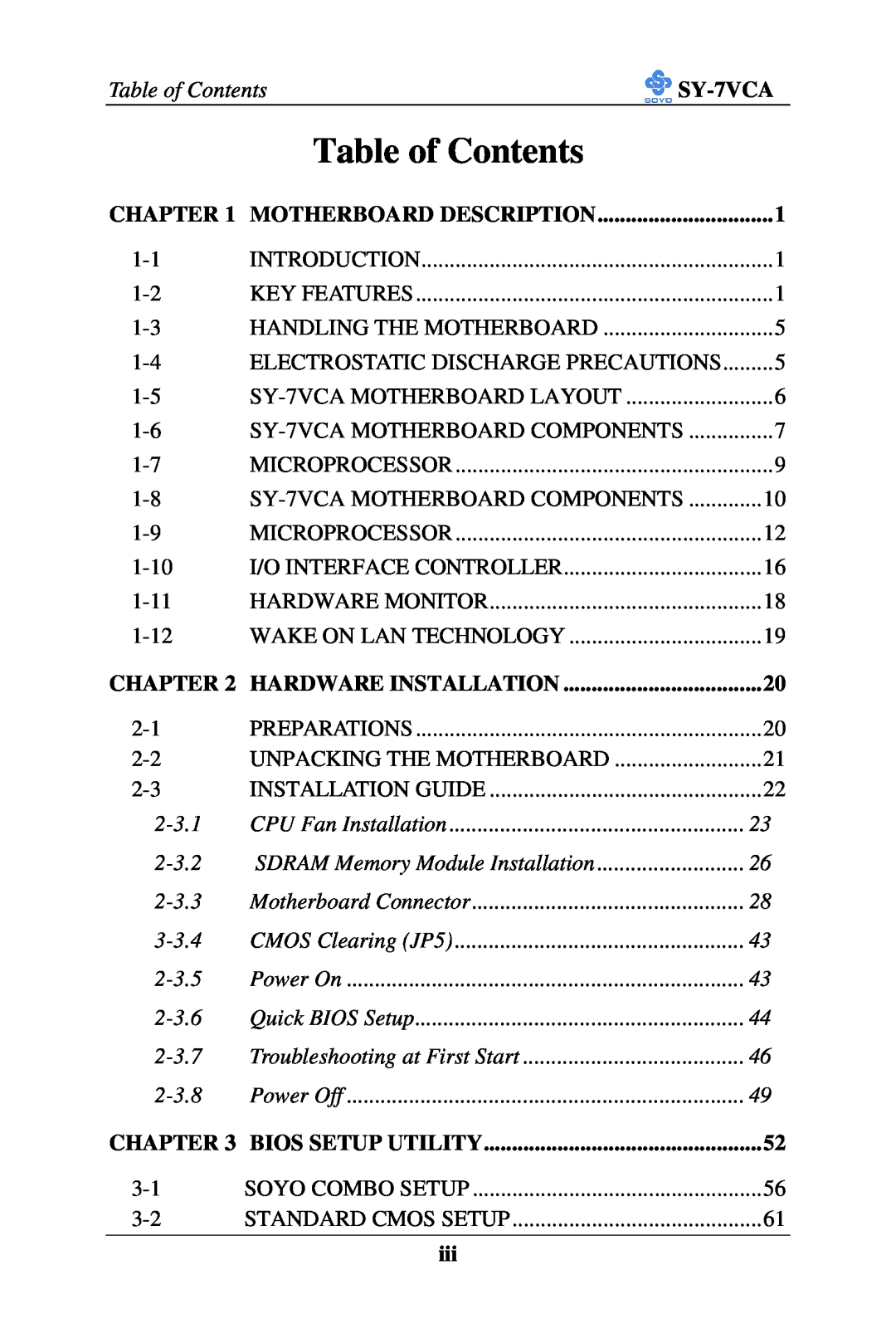 SOYO SY-7VCA user manual Motherboard Description, Hardware Installation, Bios Setup Utility, Table of Contents 