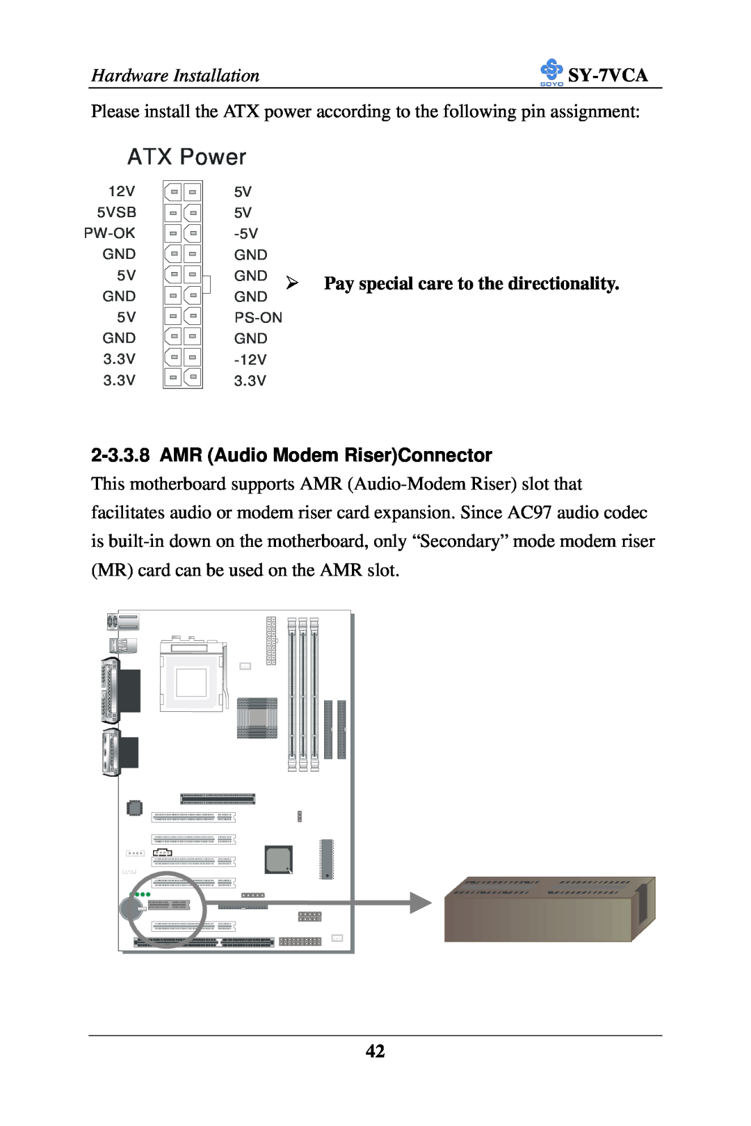 SOYO SY-7VCA user manual AMR Audio Modem RiserConnector, ATX Power, GND Ø Pay special care to the directionality 