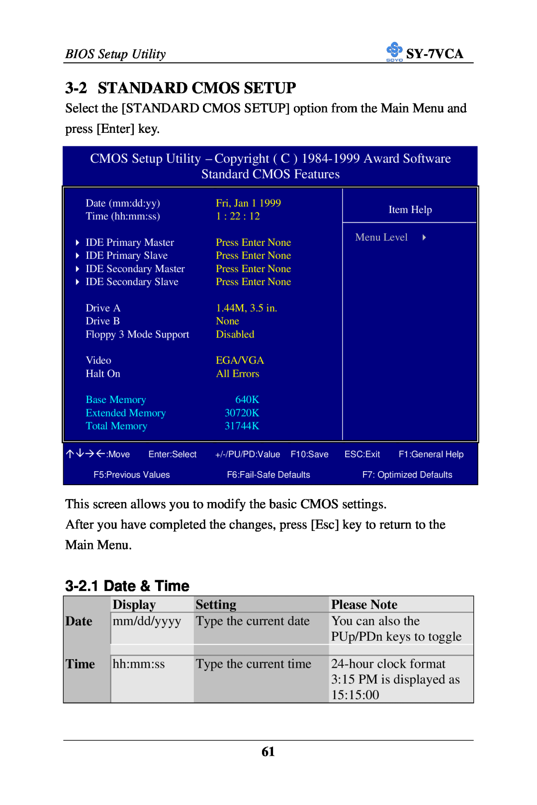 SOYO SY-7VCA user manual Standard Cmos Setup, Date & Time, Standard CMOS Features 