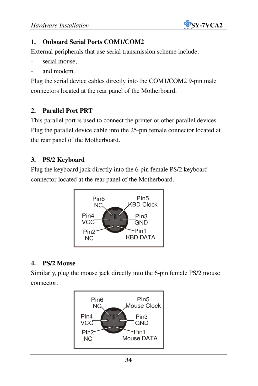 SOYO SY-7VCA2 user manual Onboard Serial Ports COM1/COM2, Parallel Port PRT, PS/2 Keyboard, PS/2 Mouse 