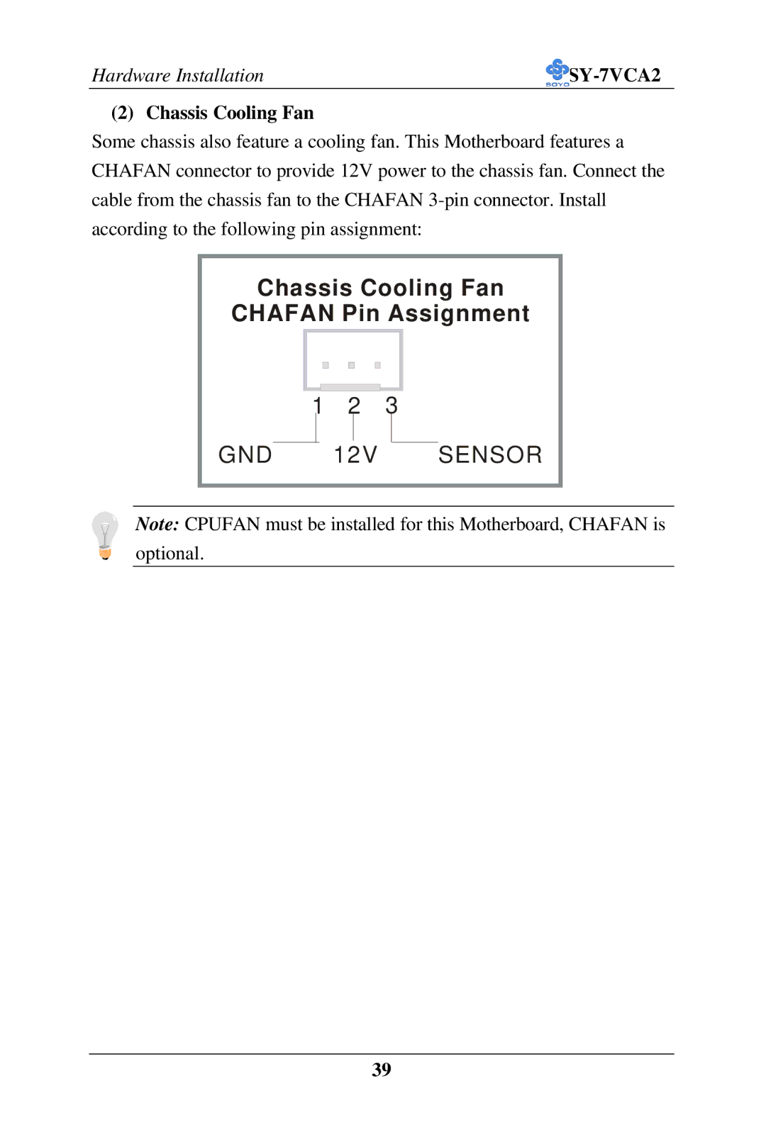 SOYO SY-7VCA2 user manual Chassis Cooling Fan Chafan Pin Assignment 