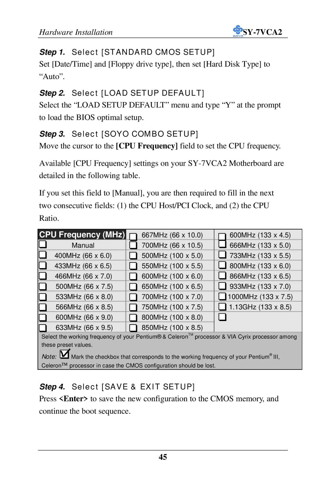 SOYO SY-7VCA2 user manual CPU Frequency MHz 