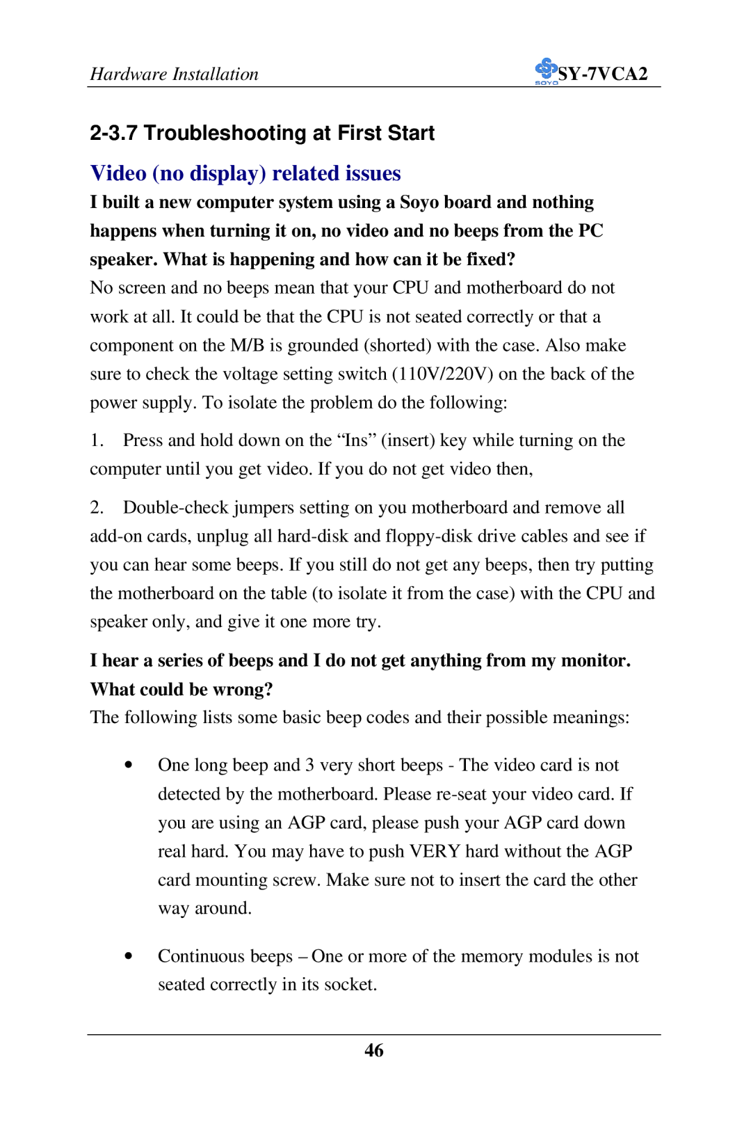 SOYO SY-7VCA2 user manual Video no display related issues, Troubleshooting at First Start 