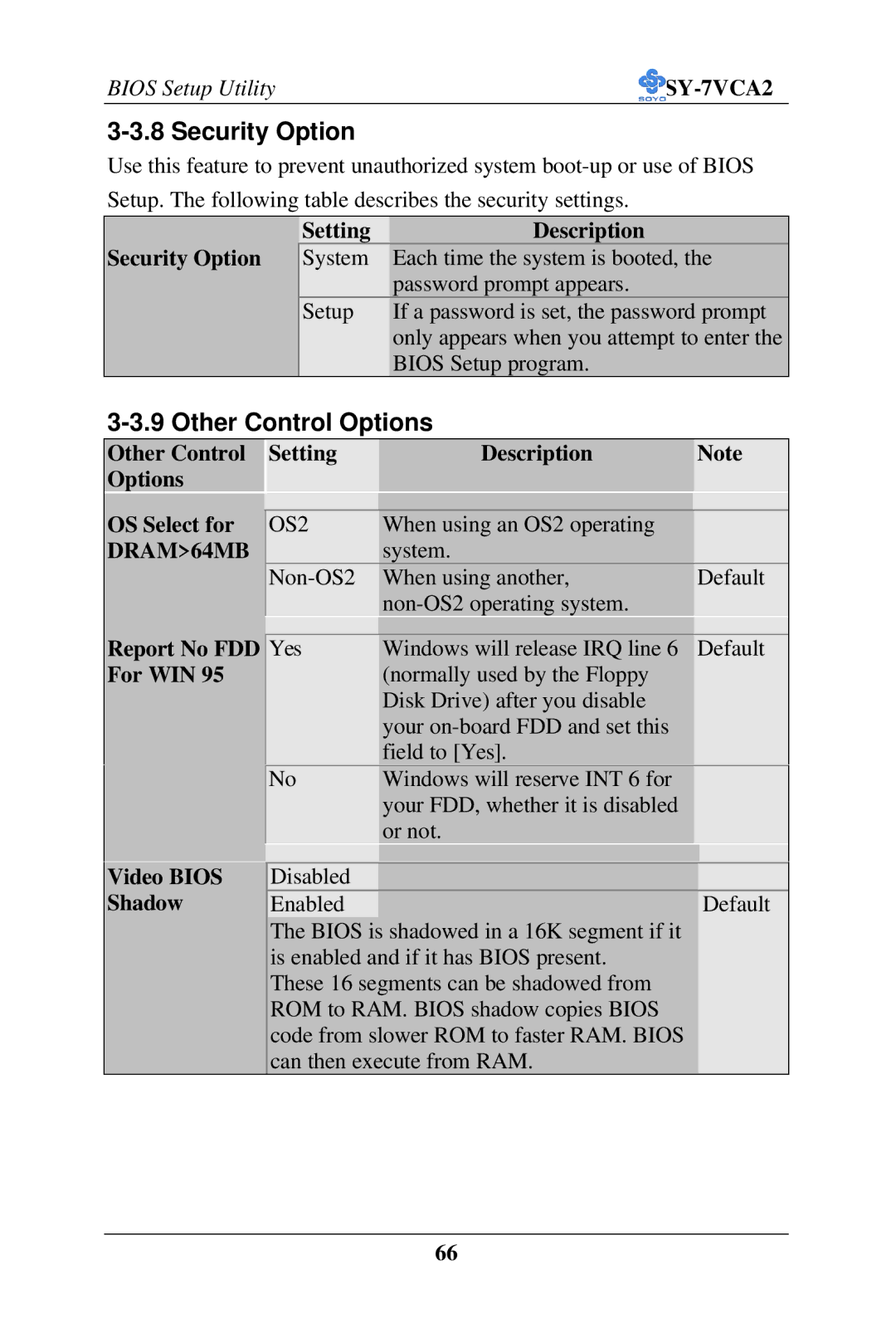 SOYO SY-7VCA2 user manual Security Option, Other Control Options, DRAM64MB 