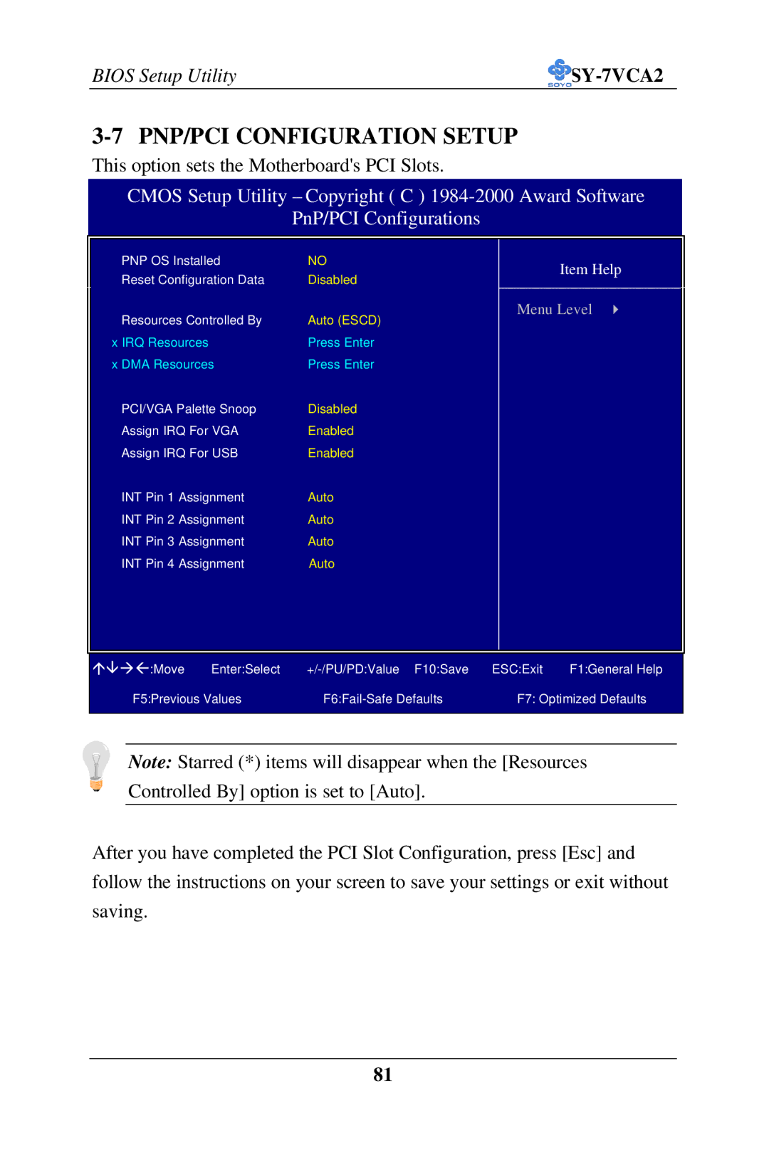 SOYO SY-7VCA2 user manual PNP/PCI Configuration Setup 