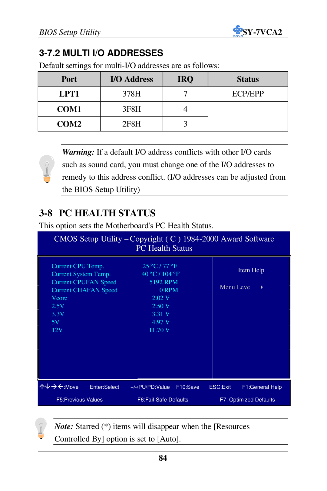 SOYO SY-7VCA2 user manual PC Health Status, LPT1, Ecp/Epp, COM1, COM2 