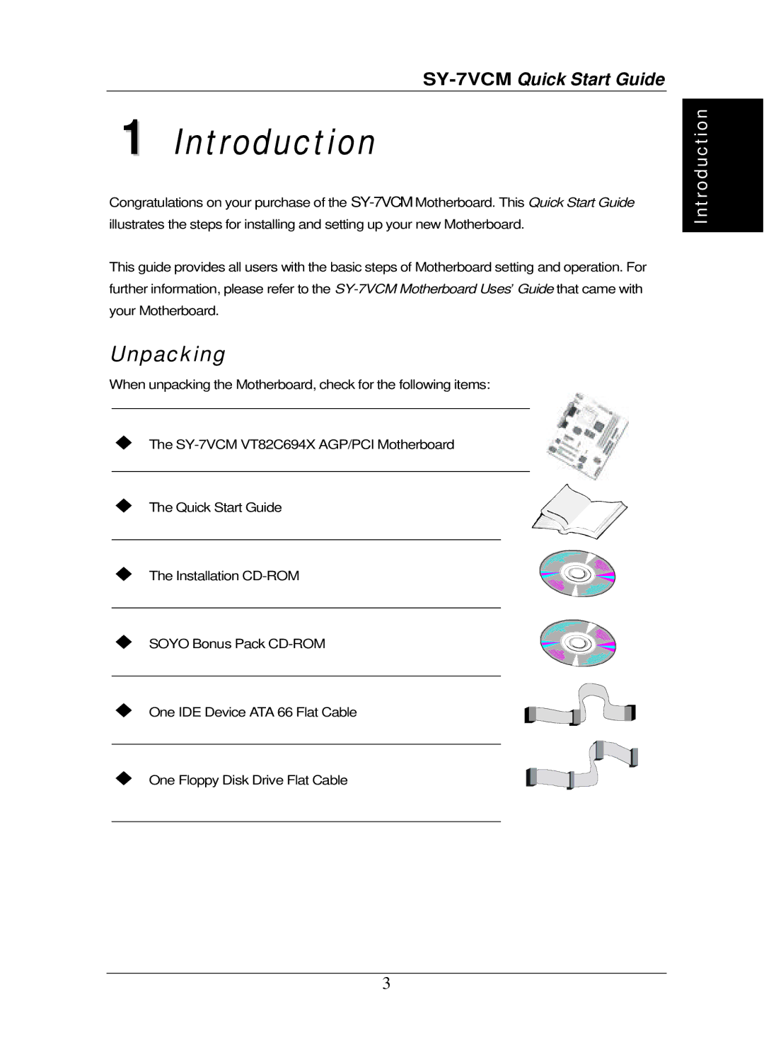 SOYO SY-7VCM quick start Introduction, Unpacking 