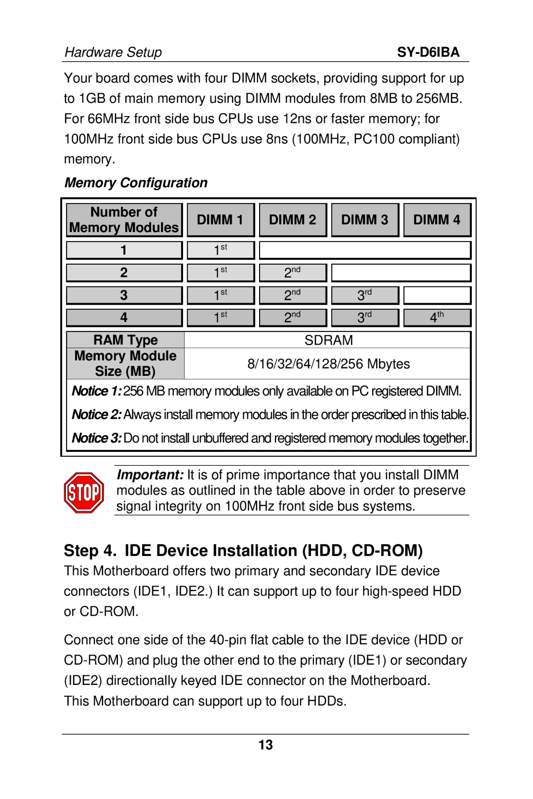 SOYO SY-D6IBA manual IDE Device Installation HDD, CD-ROM, Memory Configuration, Dimm, Sdram 