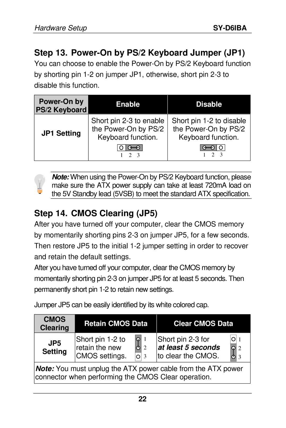 SOYO SY-D6IBA manual Power-On by PS/2 Keyboard Jumper JP1, Cmos Clearing JP5, At least 5 seconds 