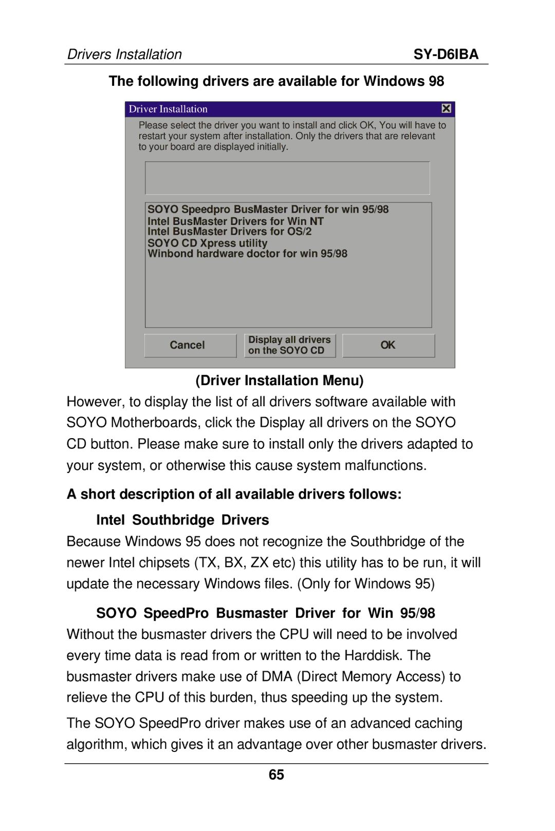 SOYO SY-D6IBA manual Soyo SpeedPro Busmaster Driver for Win 95/98 