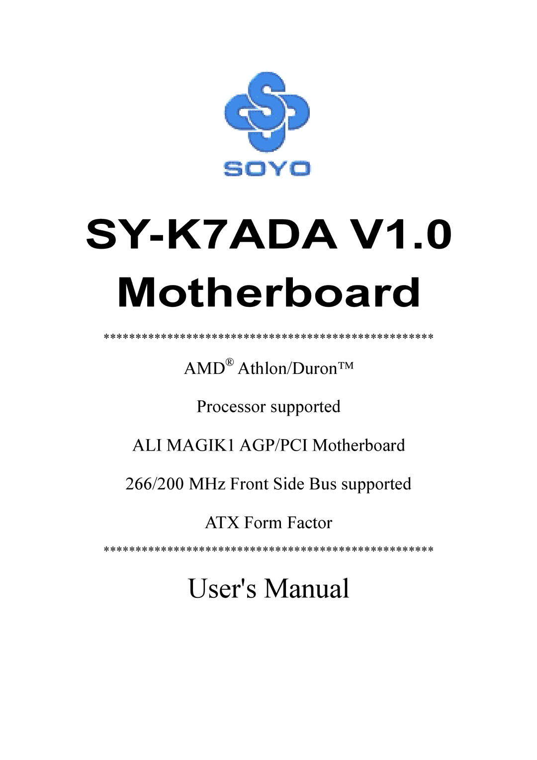 SOYO SY-K7ADA V1.0 user manual 