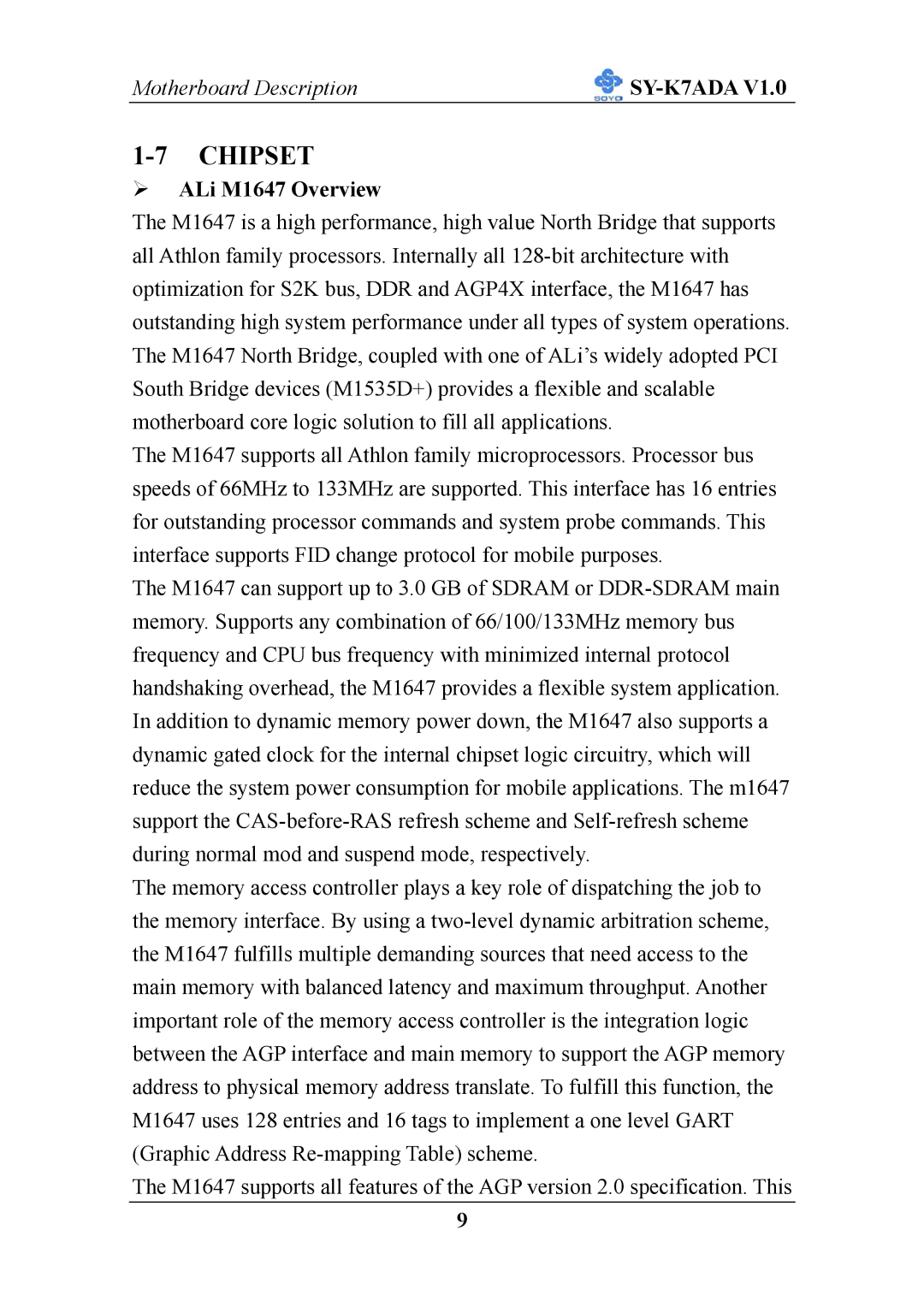 SOYO SY-K7ADA V1.0 user manual Chipset, ALi M1647 Overview 