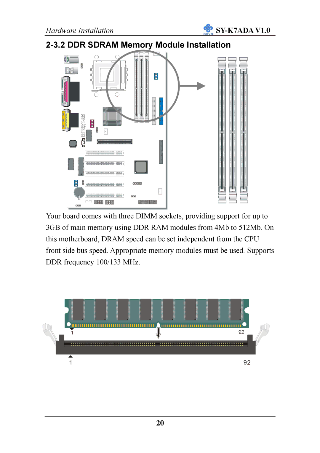 SOYO SY-K7ADA V1.0 user manual DDR Sdram Memory Module Installation 