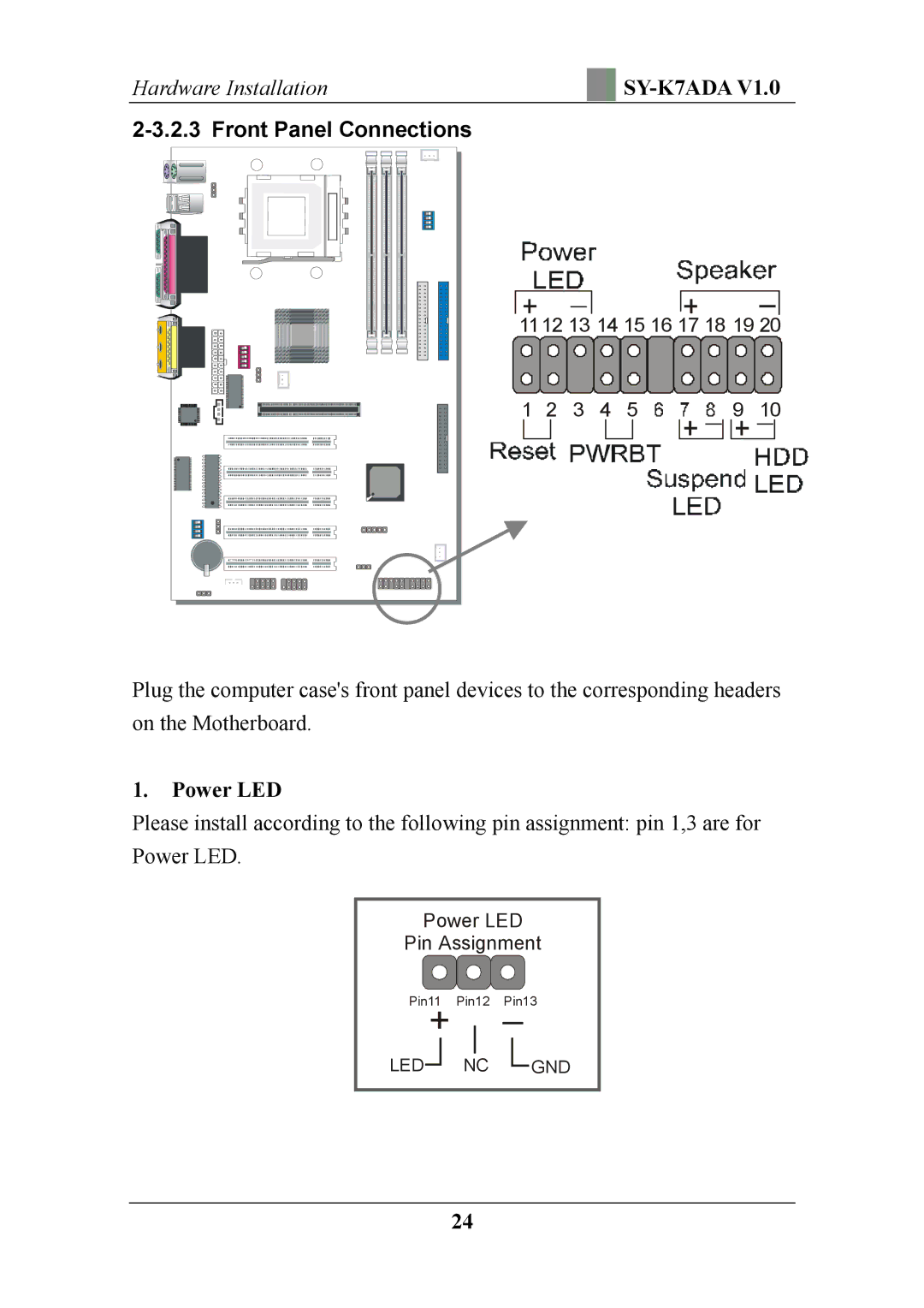 SOYO SY-K7ADA V1.0 user manual Front Panel Connections, Power LED 