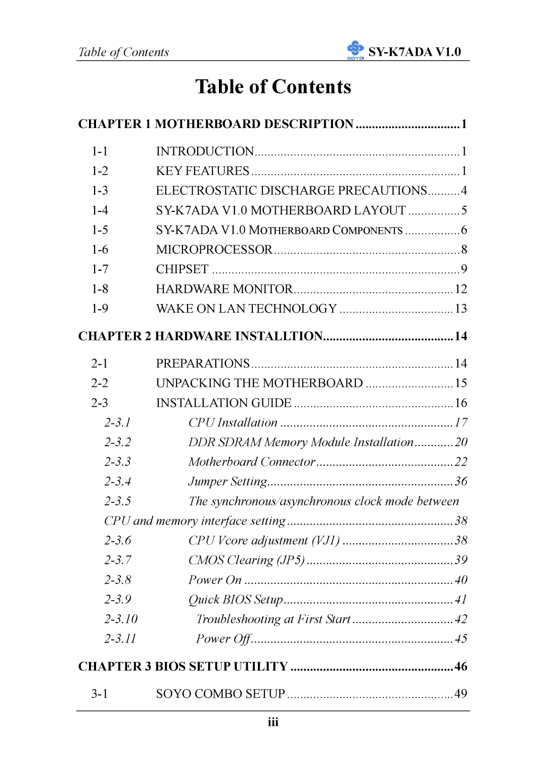 SOYO SY-K7ADA V1.0 user manual Table of Contents 