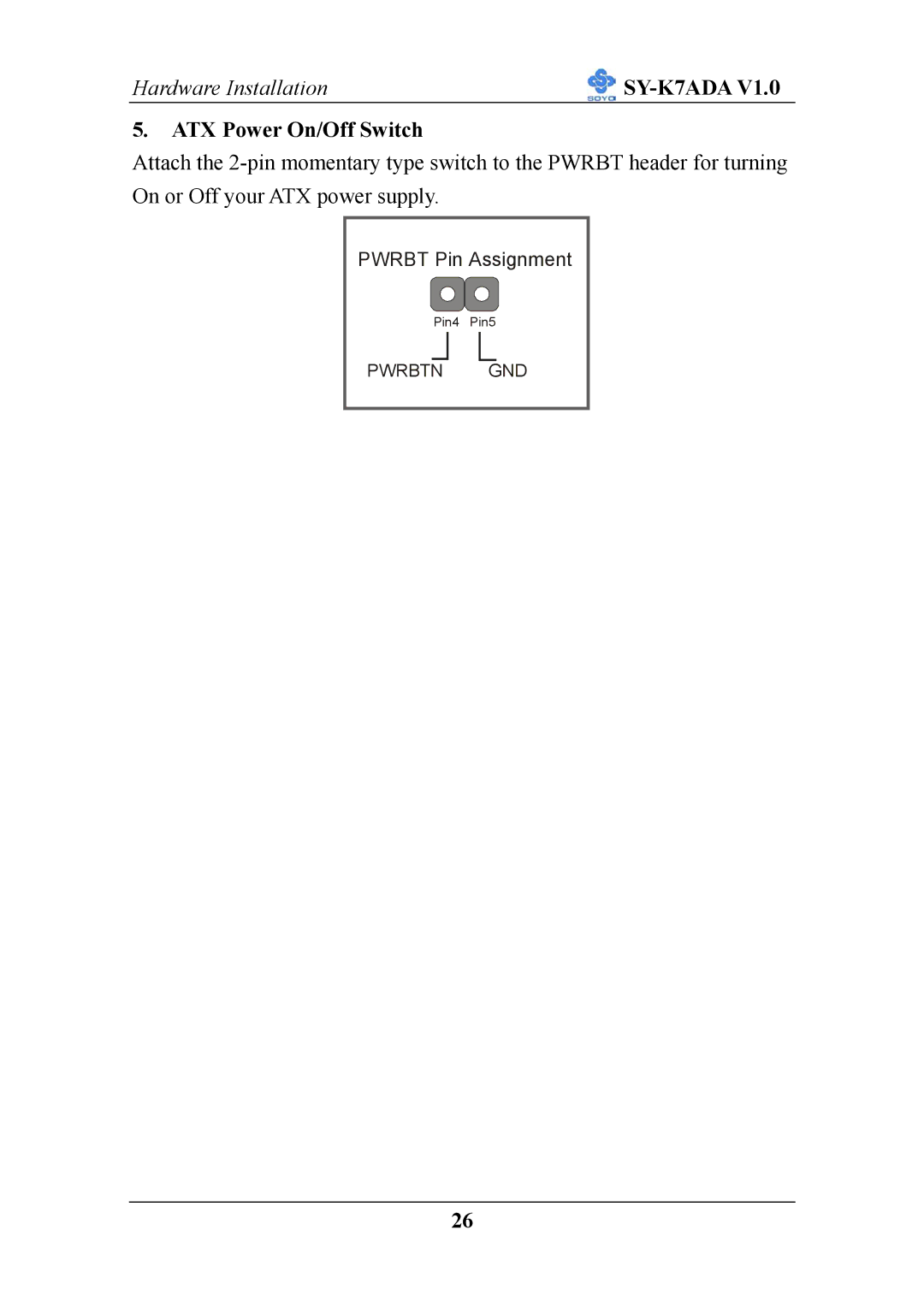 SOYO SY-K7ADA V1.0 user manual ATX Power On/Off Switch 