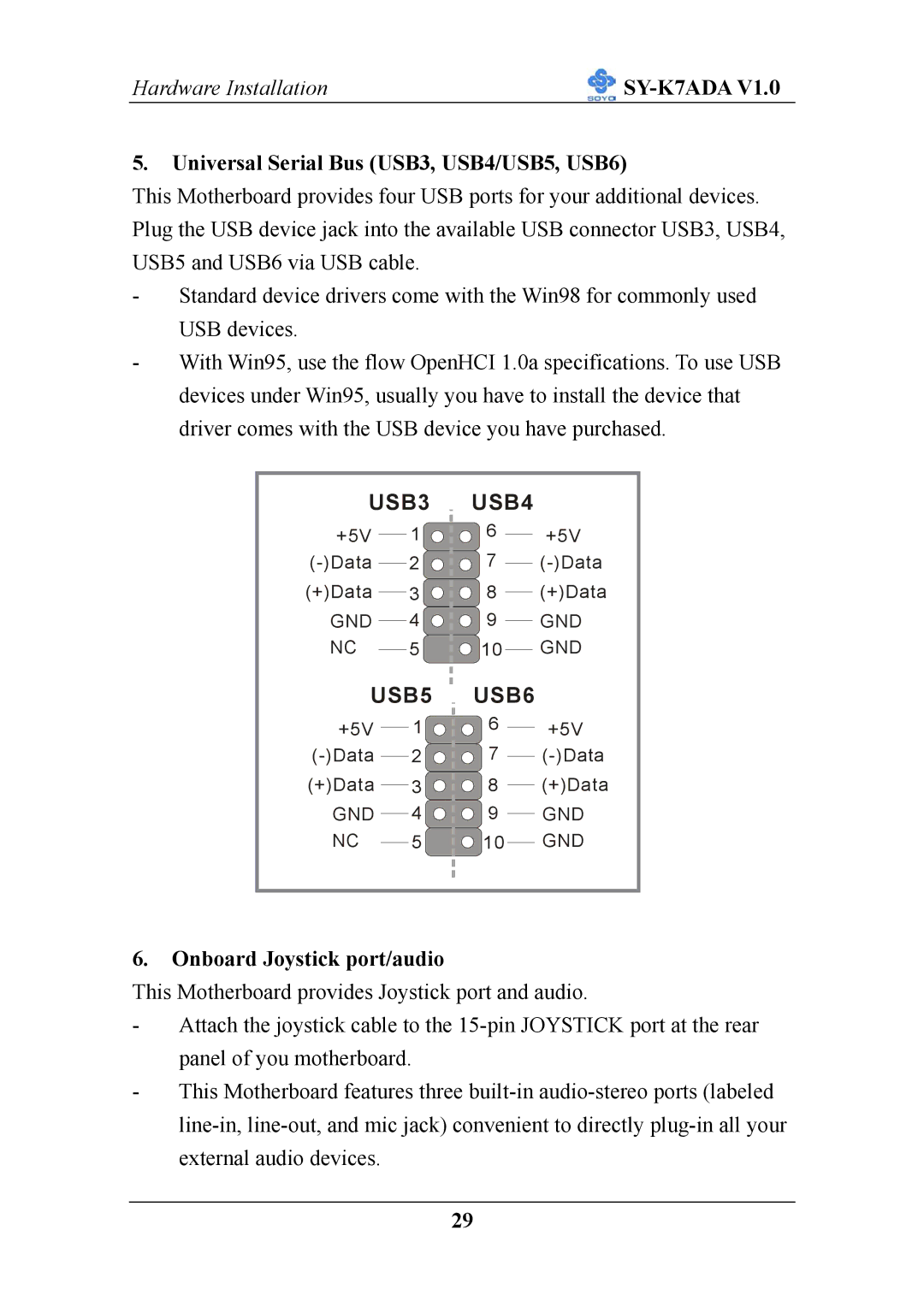 SOYO SY-K7ADA V1.0 user manual Universal Serial Bus USB3, USB4/USB5, USB6, Onboard Joystick port/audio 