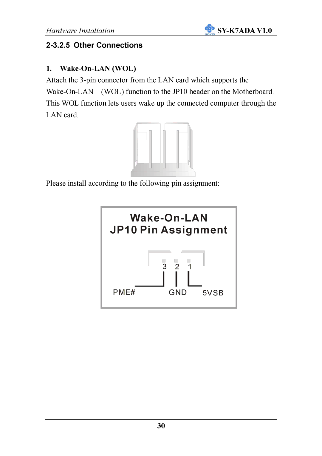 SOYO SY-K7ADA V1.0 user manual Other Connections, Wake-On-LAN WOL 